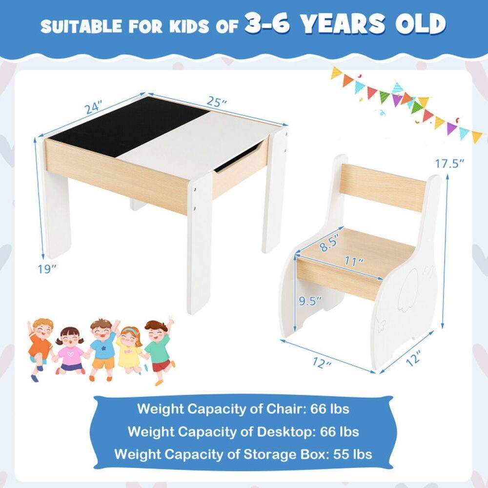 SUITABLE FOR KIDS OF 3-6 YEARS OLD

24" 25" 17.5" 19" 8.5" 11" 9.5" 12" 12"

Weight Capacity of Chair: 66 lbs  
Weight Capacity of Desktop: 66 lbs  
Weight Capacity of Storage Box: 55 lbs