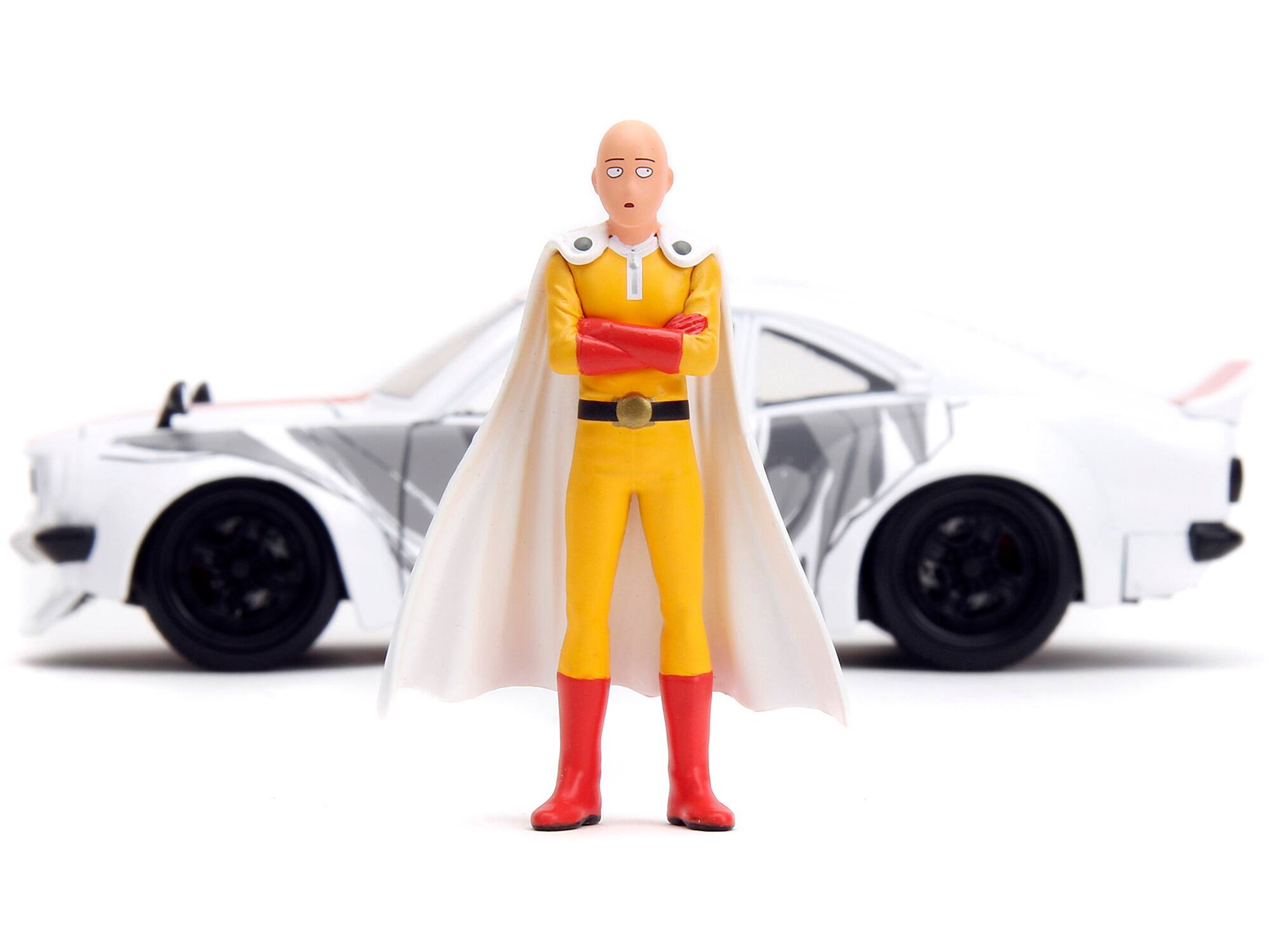 Alt View 1. Jada - 1974 Mazda RX-3 White with Red Stripe and Graphics and Saitama Diecast Figure "One Punch Man" (2015-2019) TV Series 1/24 - White With Red.