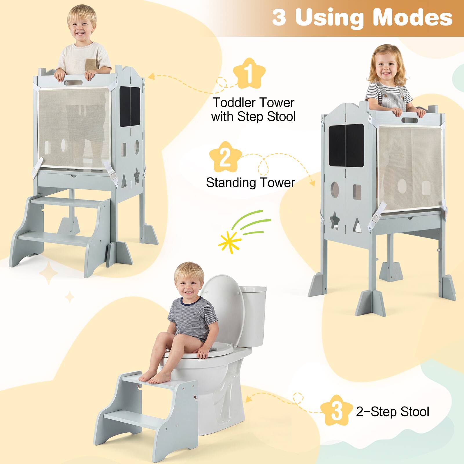 3 Using Modes  
1 Toddler Tower with Step Stool  
2 Standing Tower  
3 2-Step Stool