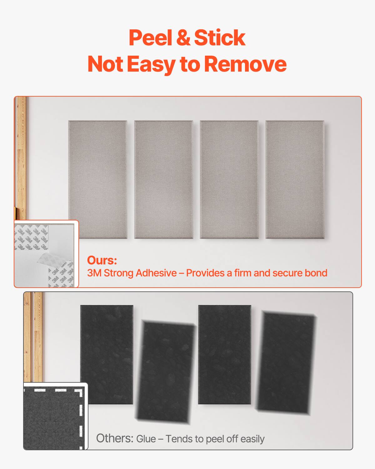 Peel & Stick  
Not Easy to Remove

Ours:  
3M Strong Adhesive - Provides a firm and secure bond

Others:  
Glue - Tends to peel off easily