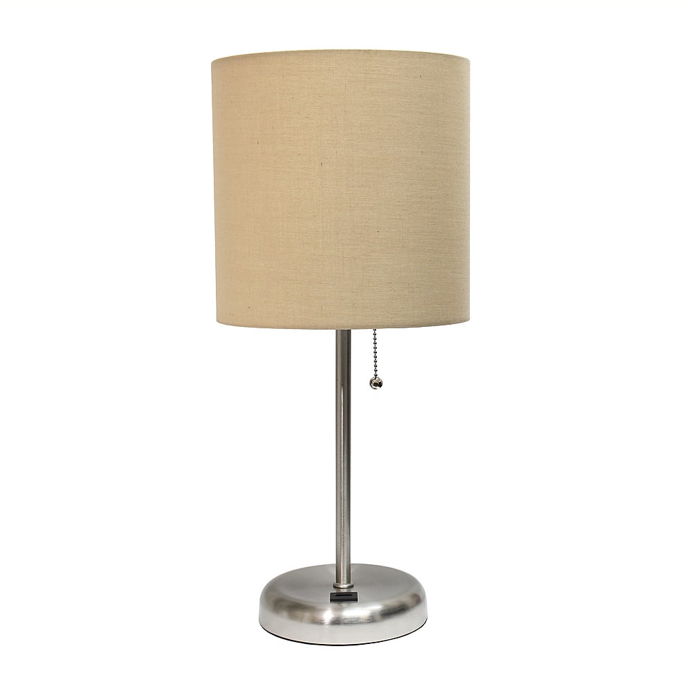 Angle. Limelights - Stick Lamp with USB charging port and Fabric Shade - Silver/Tan.