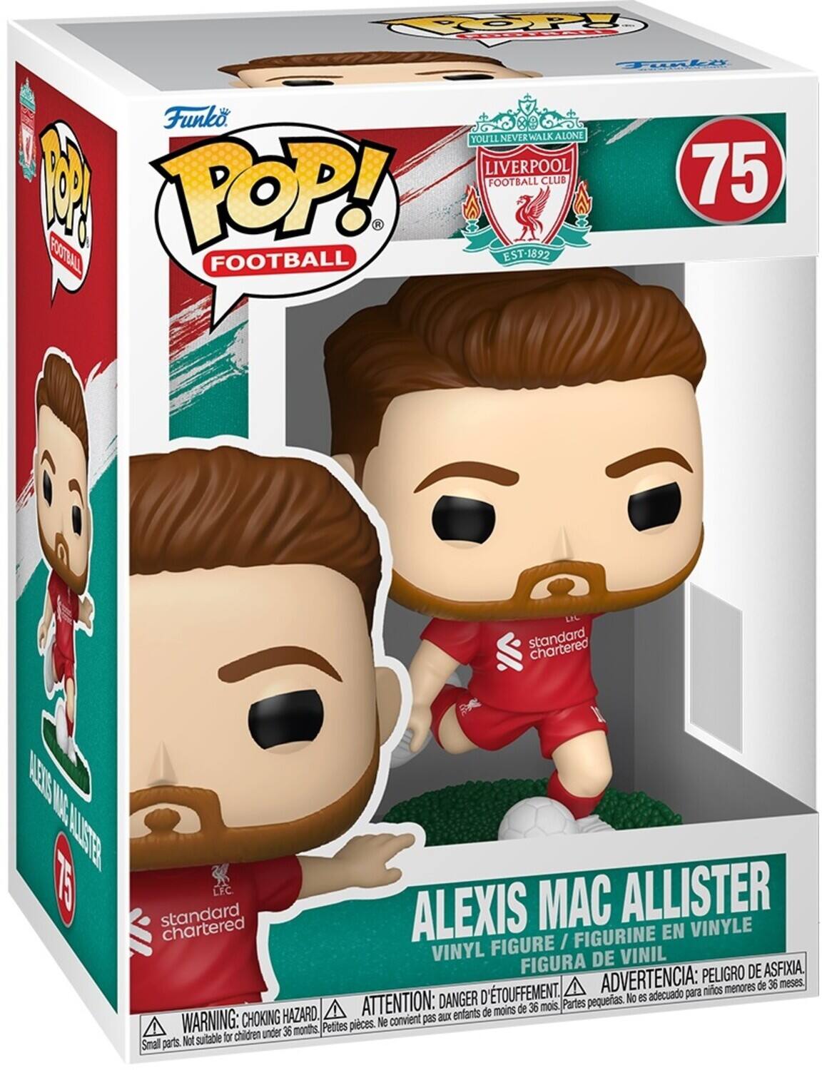Sure, here is the corrected and grouped text from the image:

---

**Funko POP! FOOTBALL**

**LIVERPOOL FOOTBALL CLUB**  
YOU'LL NEVER WALK ALONE  
EST-1892

**ALEXIS MAC ALLISTER**  
VINYL FIGURE / FIGURINE EN VINYLE / FIGURA DE VINIL

**WARNING: CHOKING HAZARD**  
Small parts. Not suitable for children under 36 months.  
ADVERTENCIA: PEORIGRO DE ASFIXIA. No es adecuado para niños menores de 36 meses.  
ATTENTION: DANGER D'ÉTOUFFEMENT. Ne convient pas aux enfants de moins de 36 mois.  
PELIGRO DE ASFIXIA. No es adecuado para niños menores de 36 meses.

**75**

**standard chartered**

---

This text includes all the relevant information from the packaging, grouped and corrected for clarity.