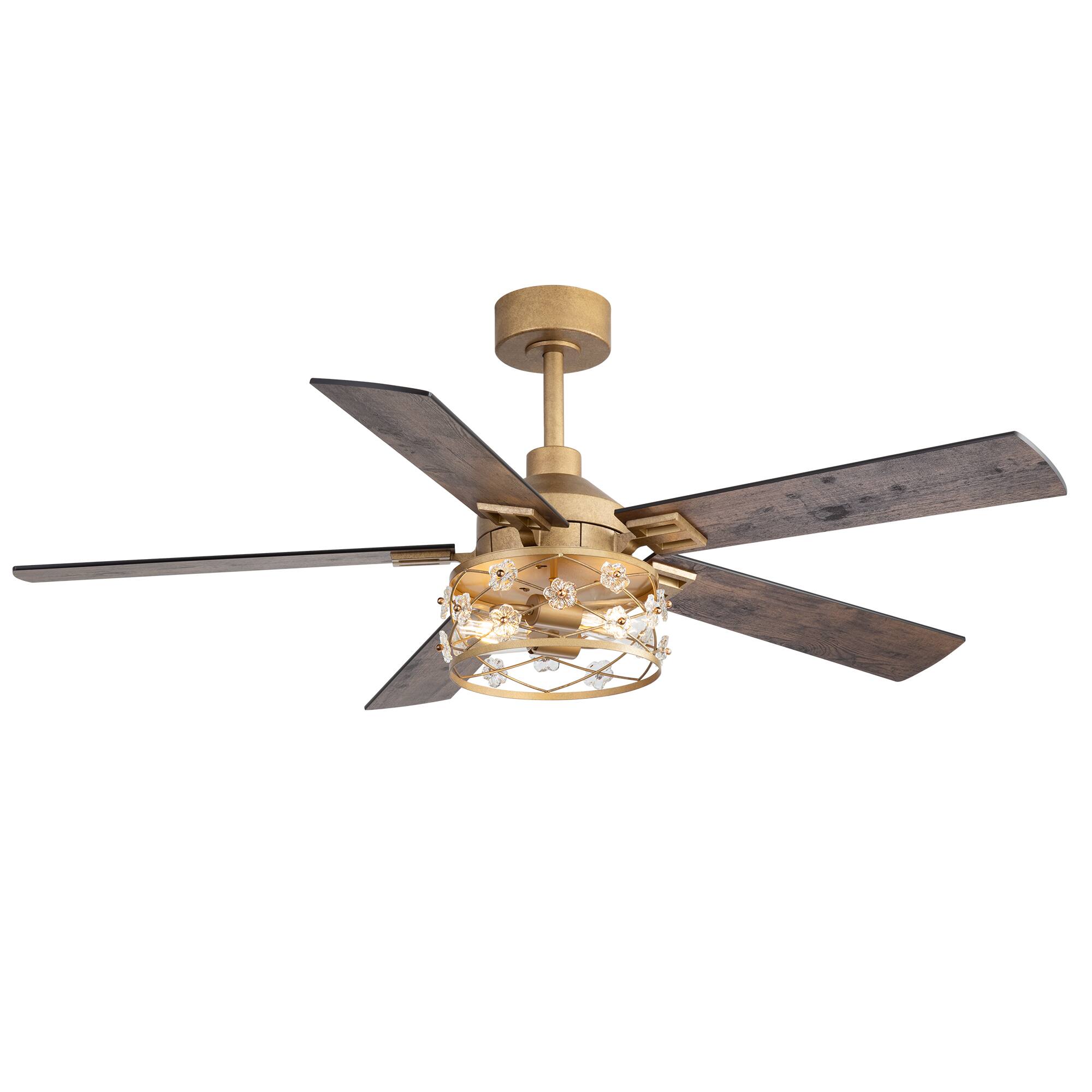 Angle. Breezary - 52-Inch Indoor Ceiling Fan with Light Kit, 5 Plywood Dual-Finish Blades, DC Motor, 5/10'' Downrods, Remote, Glass Shade - Paint Gold with Black and Rich Walnut.