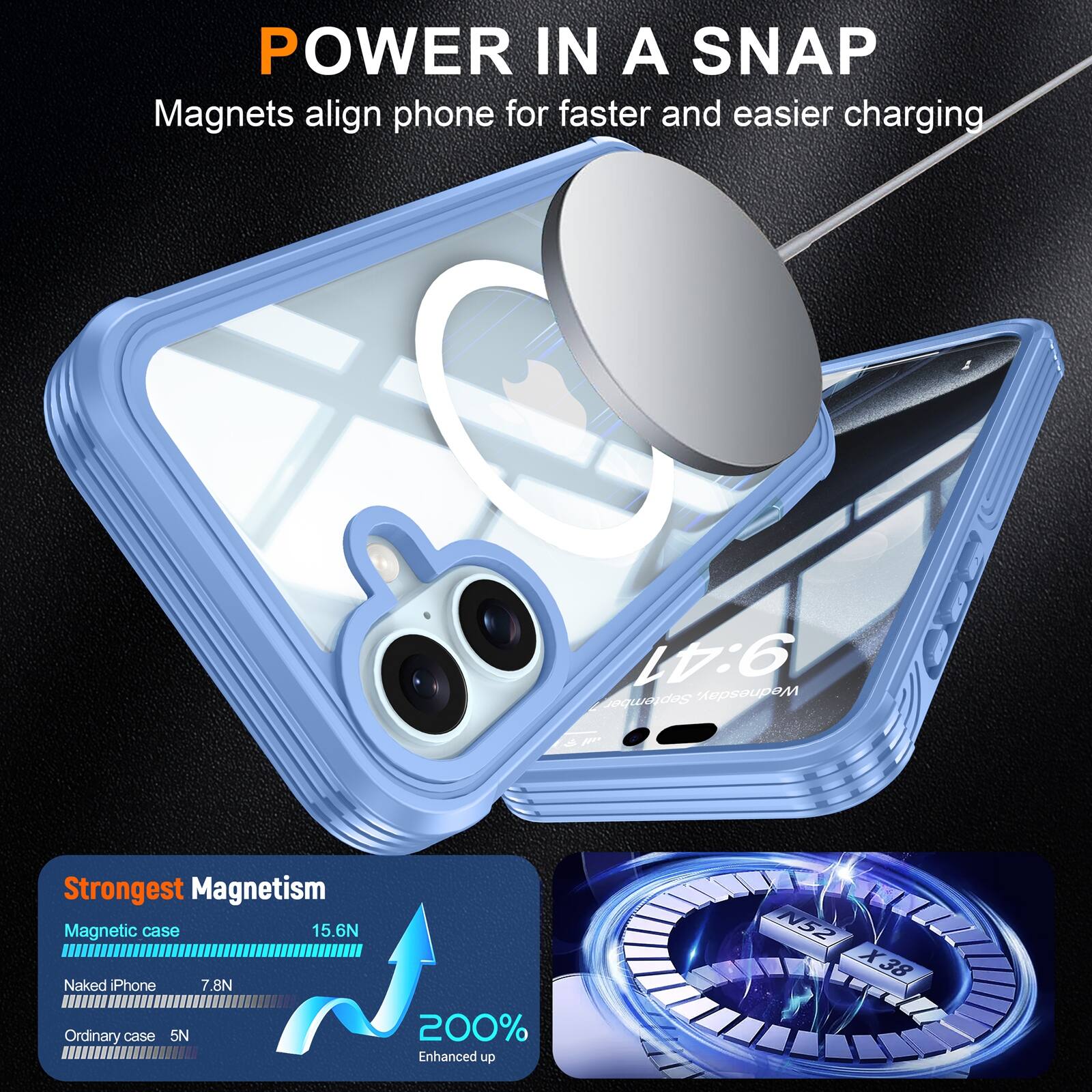 POWER IN A SNAP  
Magnets align phone for faster and easier charging  

Strongest Magnetism  
Magnetic case: 15.6N  
Naked iPhone: 7.8N  
Ordinary case: 5N  

200% Enhanced up N52 X38