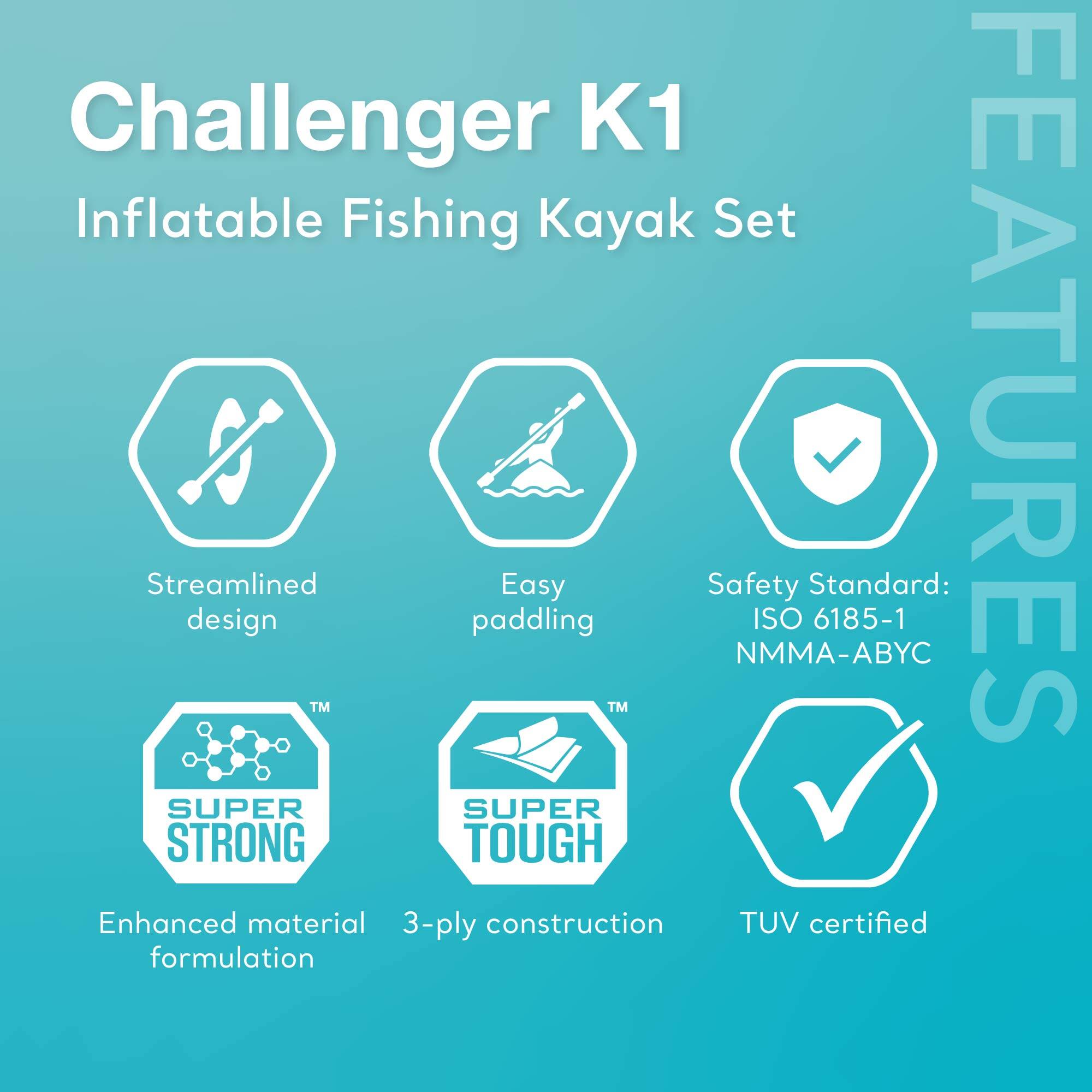 Challenger K1 Inflatable Fishing Kayak Set

Streamlined design  
Easy paddling  
Safety Standard: ISO 6185-1 NMMA-ABYC  

FEATURES  
SUPER STRONG  
Enhanced material formulation  
SUPER TOUGH  
3-ply construction  
TUV certified