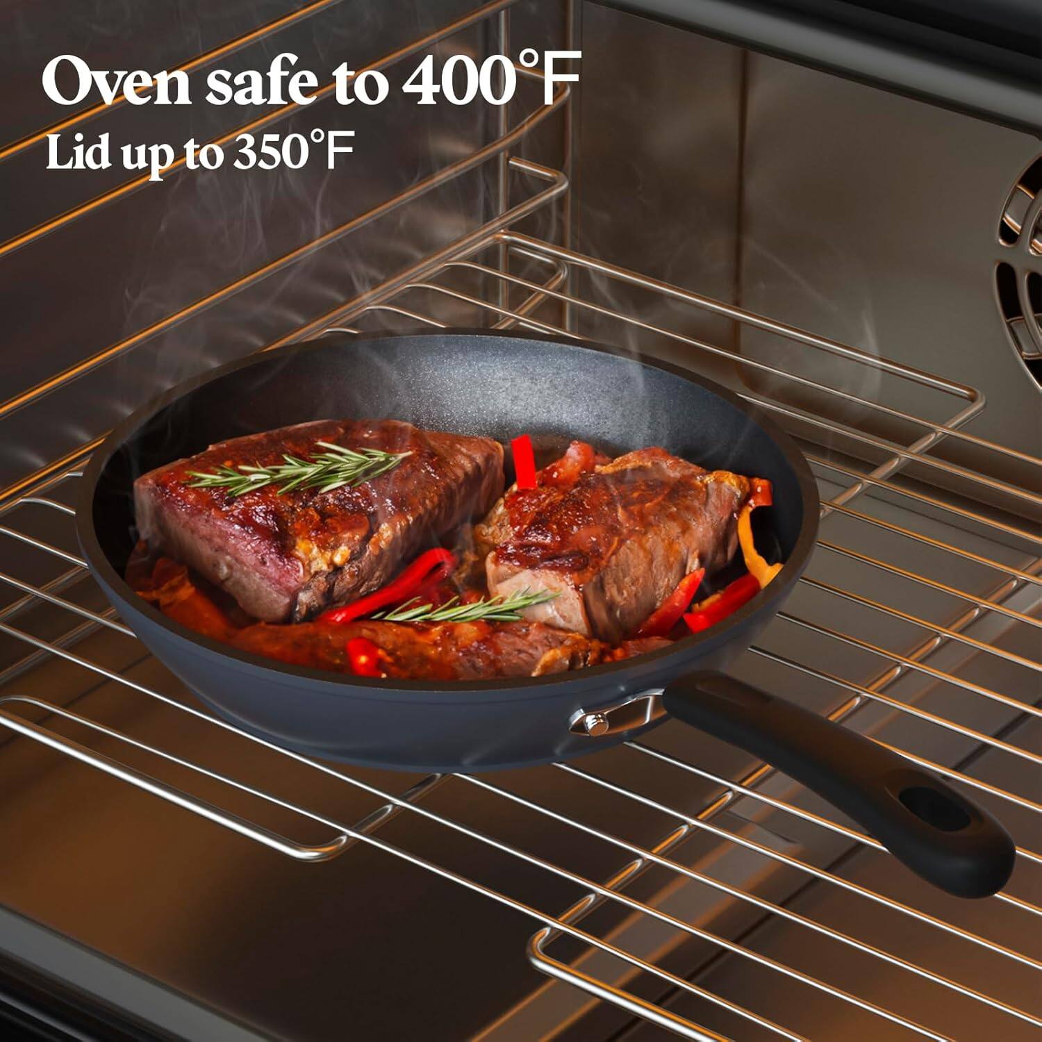 Oven safe to 400°F  
Lid up to 350°F