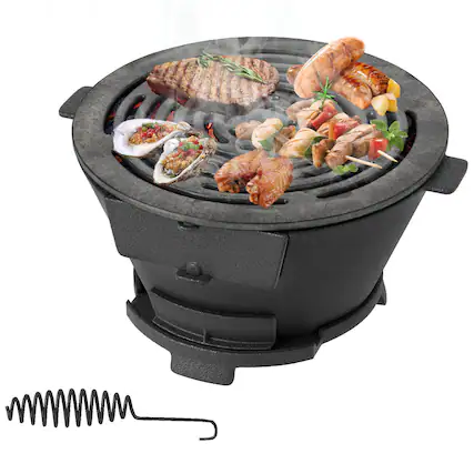 Front. Costway - Costway Round Hibachi Grill with 12" Double-Sided Grate Air Regulating Door & Fire Gate - Black.