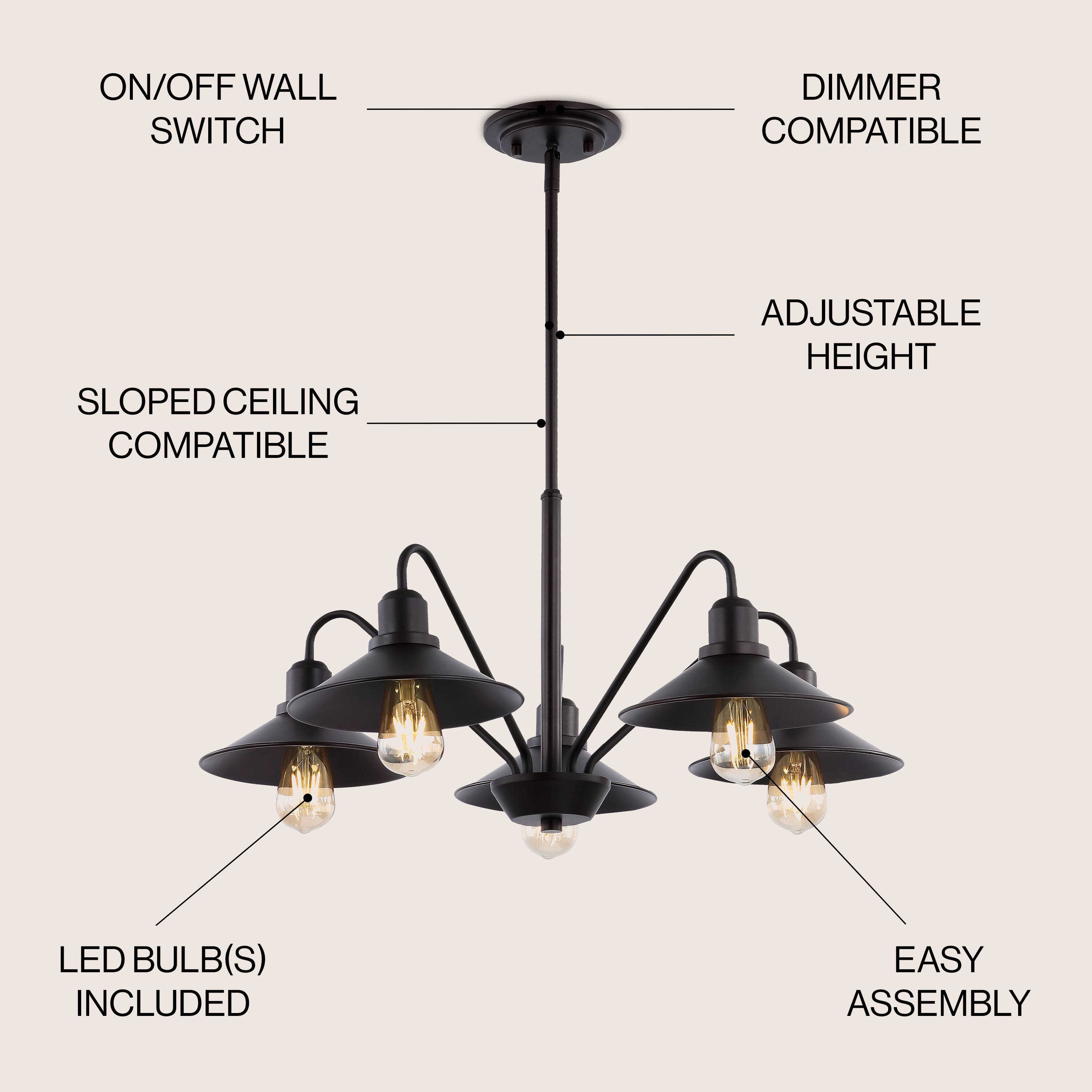 ON/OFF WALL SWITCH  
DIMMER COMPATIBLE  
SLOPED CEILING COMPATIBLE  
ADJUSTABLE HEIGHT  
LED BULB(S) INCLUDED  
EASY ASSEMBLY