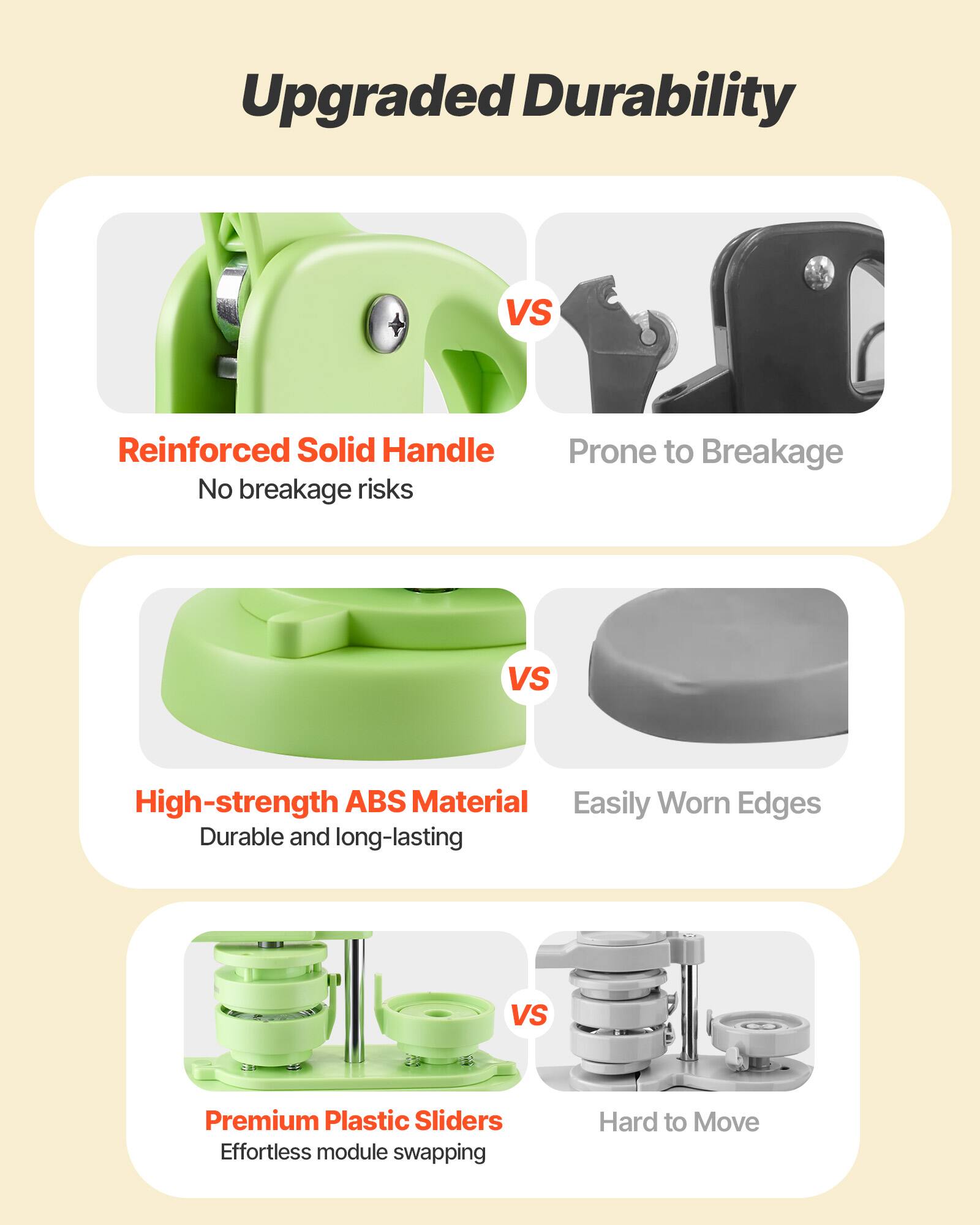 Upgraded Durability

- Reinforced Solid Handle
  - No breakage risks
  - Prone to Breakage

- High-strength ABS Material
  - Durable and long-lasting
  - Easily Worn Edges

- Premium Plastic Sliders
  - Effortless module swapping
  - Hard to Move