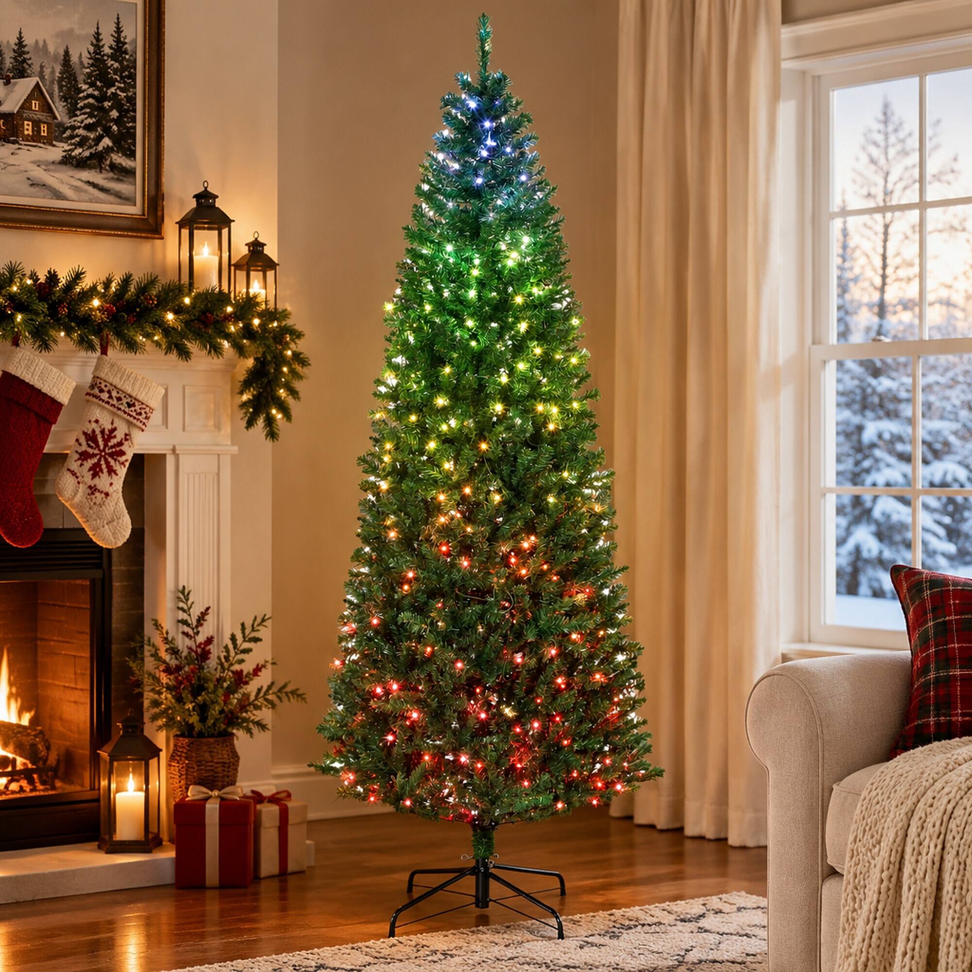 Left. RYHNUYNE - 7 Ft Artificial Christmas Tree With Realistic Branches, Hinged Design Metal Stand Easy Setup Full Holiday Decor - Green.