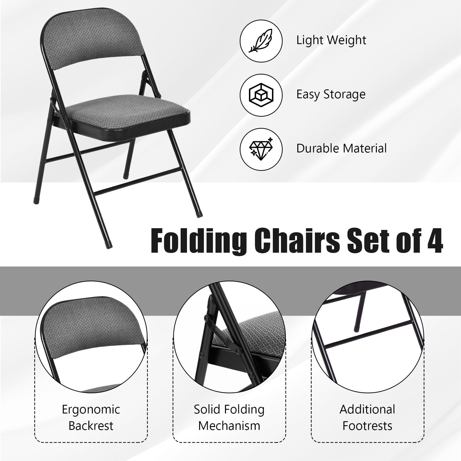 Light Weight Easy Storage Durable Material Folding Chairs Set of 4 Ergonomic Backrest Solid Folding Mechanism Additional Footrests