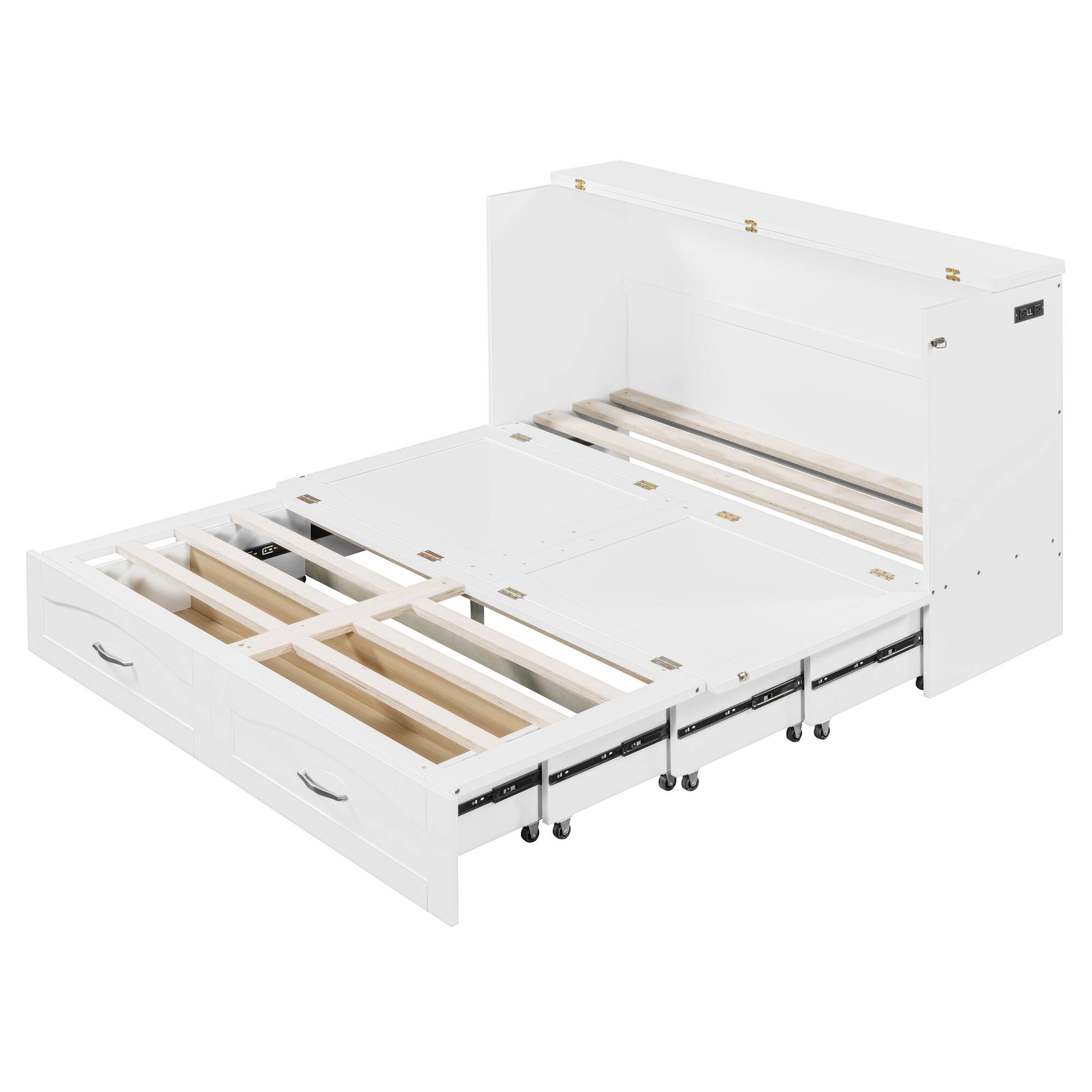 Alt View 4. Tiramisubest - Queen Size White Murphy Wall Bed, Solid Wood+MDF, Pulley, Drawer & Sockets/USB, Space-Saving - White.