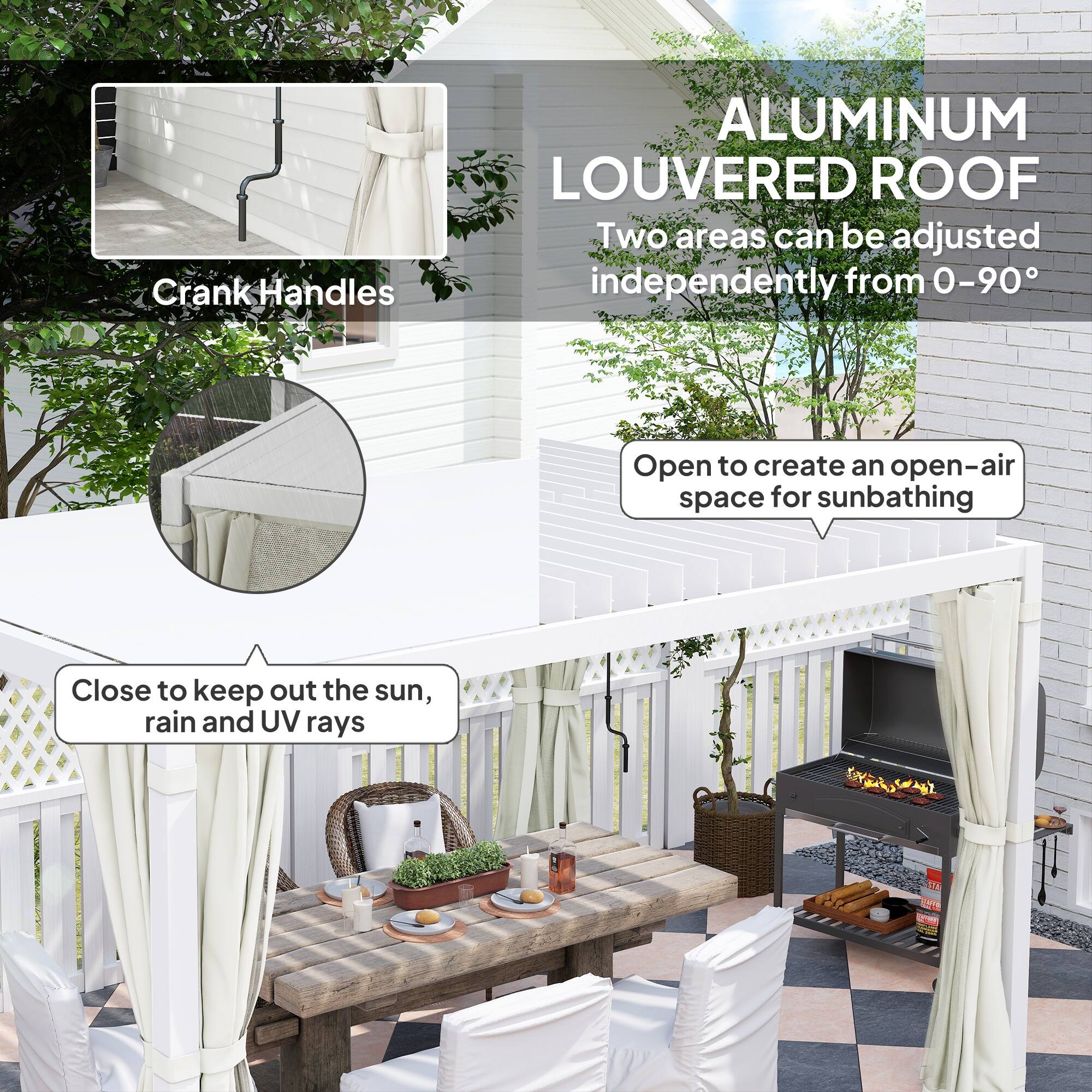 Crank Handles

ALUMINUM LOUVERED ROOF

Two areas can be adjusted independently from 0-90°

Open to create an open-air space for sunbathing

Close to keep out the sun, rain and UV rays