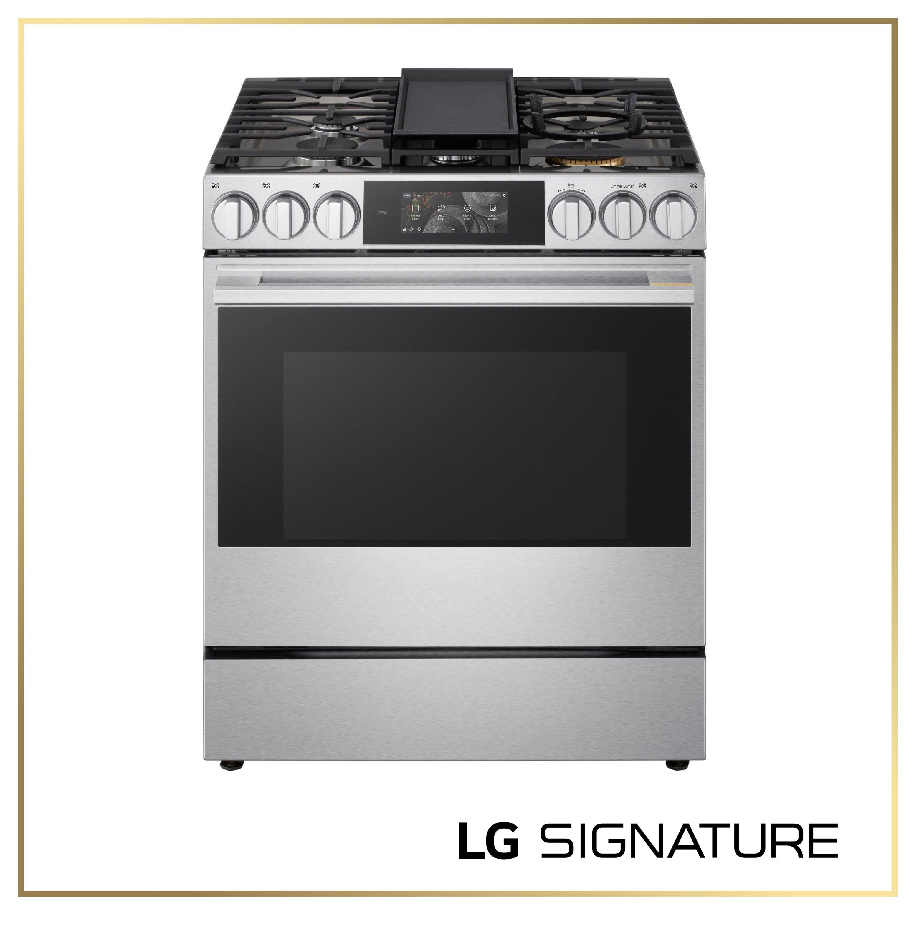 Angle. LG - SIGNATURE 6.3 Cu. Ft. Slide-In Gas True Convection Range with EasyClean, Color LCD Display and Smart AI Gourmet Camera - PrintProof Stainless Steel.