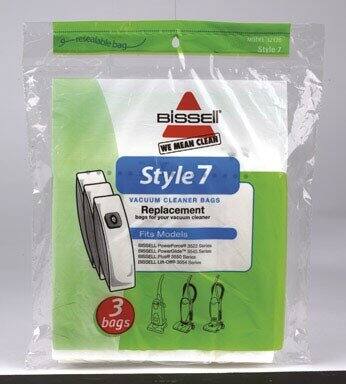 resealable bag  
MSTVE 106  
Style 7  

BISSELL  
WE MEAN CLEAN  

Style 7  
VACUUM CLEANER BAGS  
Replacement Bags for your vacuum cleaner  

Fits Models:  
BISSELL PowerForce 3000 Series  
BISSELL PowerForce 3000 Series  
BISSELL PowerForce 3000 Series  

3 bags