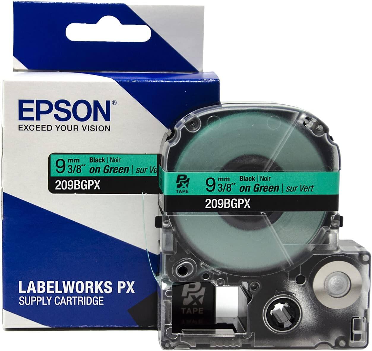 EPSON  
EXCEED YOUR VISION  

9 mm 3/8" Black | Noir on Green | sur Vert  
209BGPX  

LABELWORKS PX  
SUPPLY CARTRIDGE
