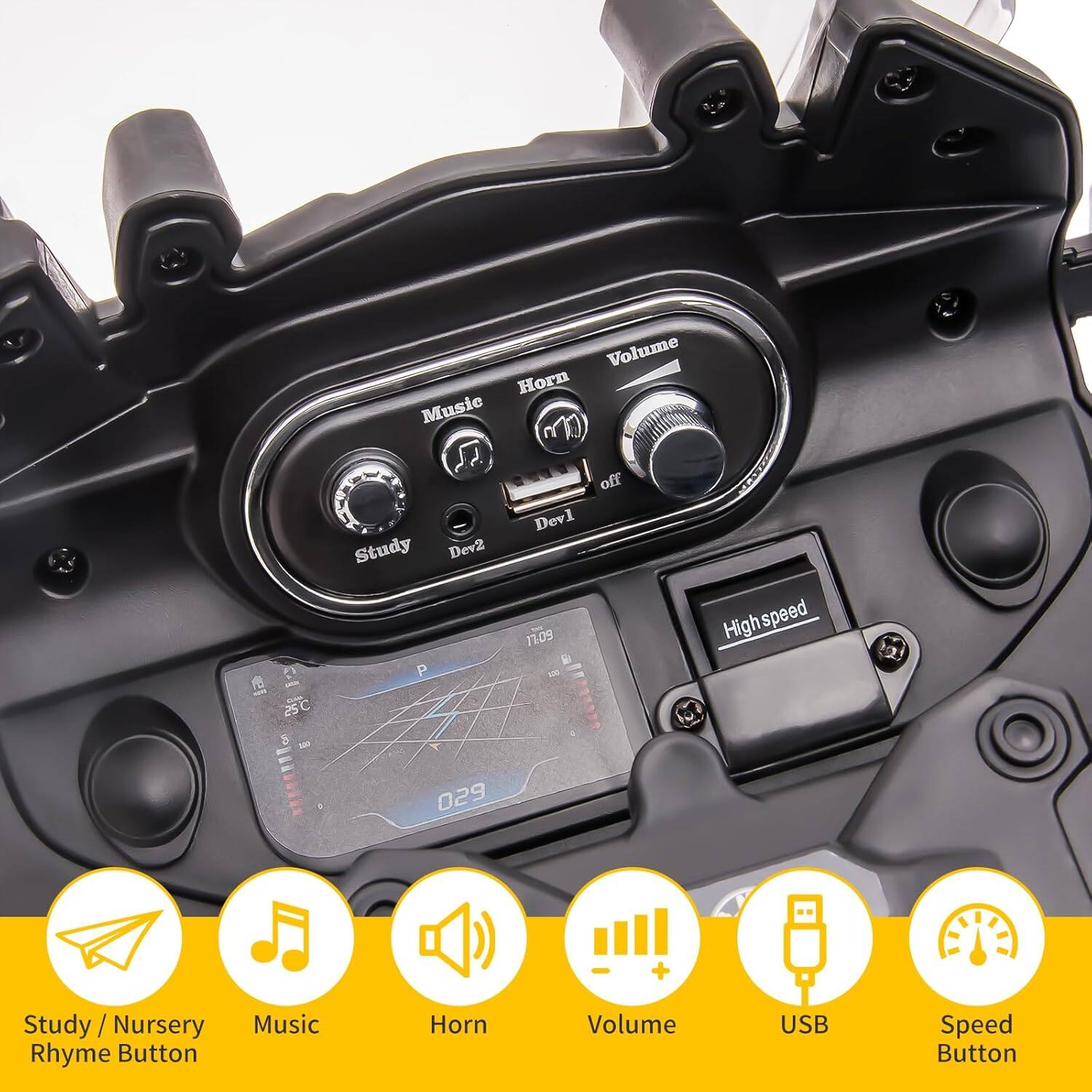 - Study / Nursery Rhyme Button
- Music
- Horn
- Volume
- USB
- Speed Button