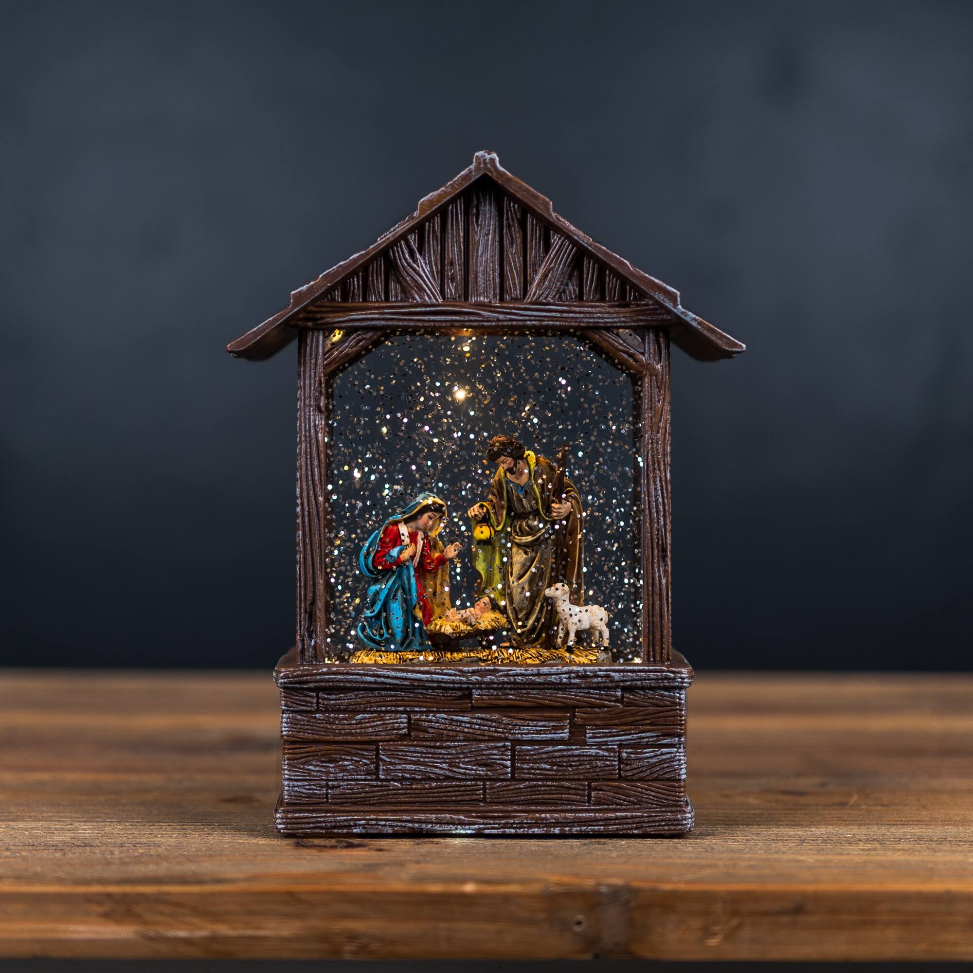 Left. BreeBe - LED Snow Globe Nativity Barn 8.25"H - Brown, White.