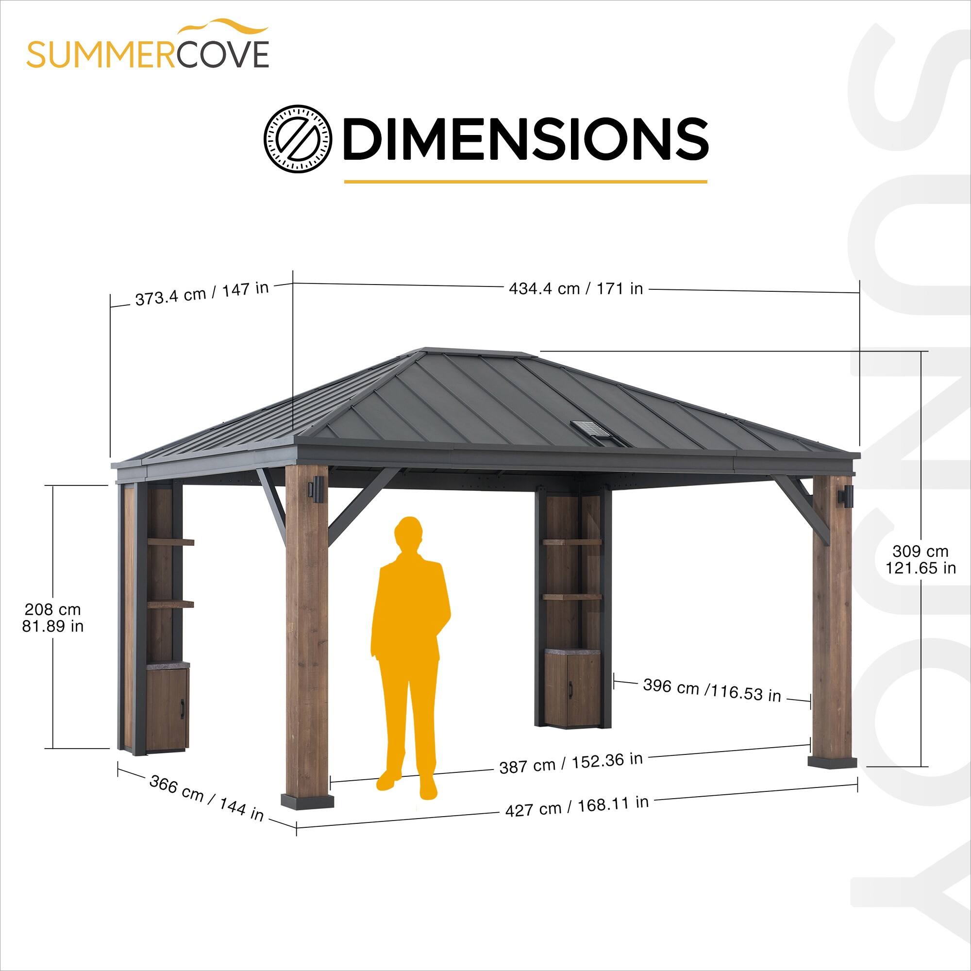 SUMMERCOVE DIMENSIONS  
147 in / 373.4 cm  
171 in / 434.4 cm  
208 cm / 81.89 in  
396 cm / 116.53 in  
152.36 in / 387 cm  
366 cm / 144 in / 427 cm / 168.11 in  
OS SUNJOY 121.65 in / 309 cm
