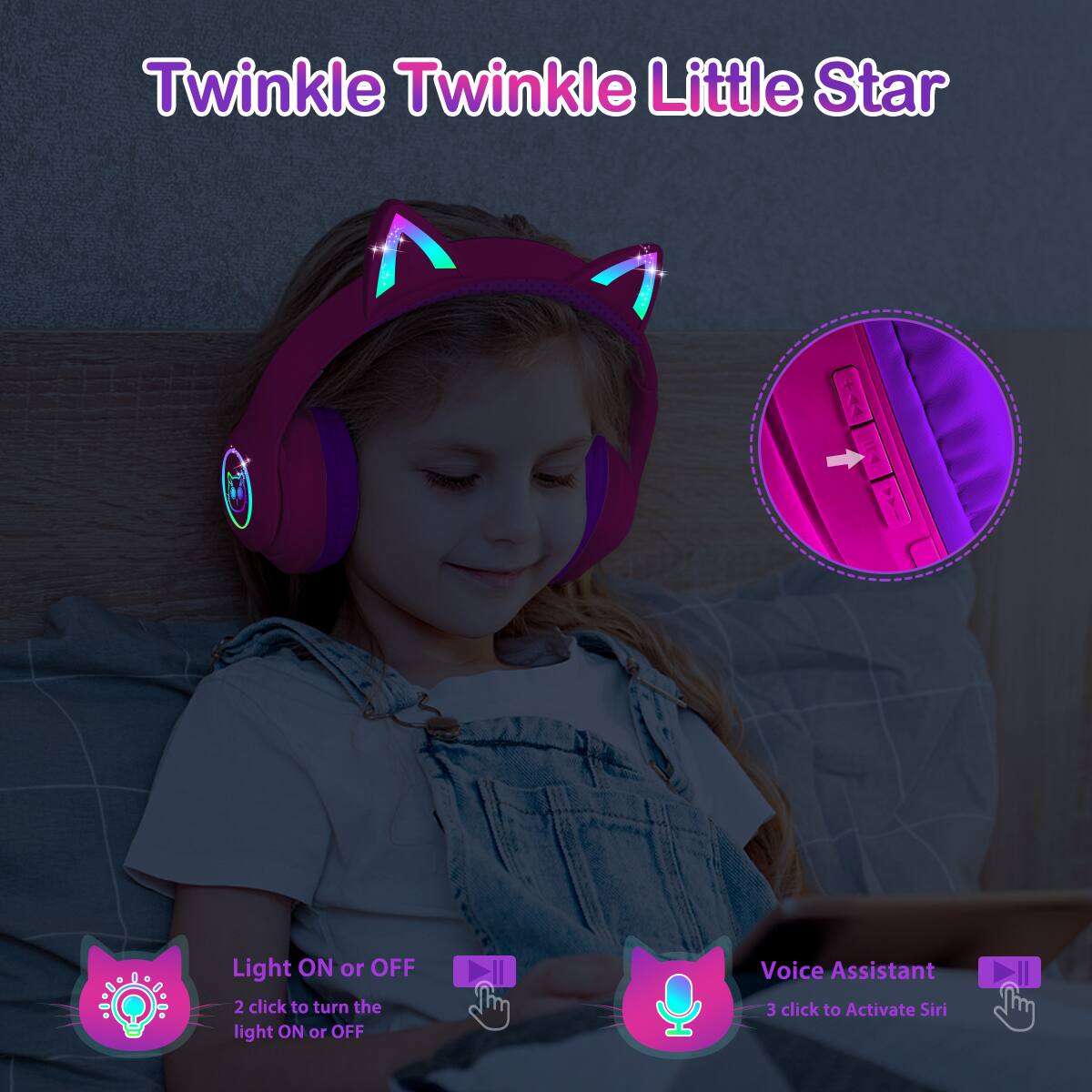 Twinkle Twinkle Little Star

Light ON or OFF
2 click to turn the light ON or OFF

Voice Assistant
3 click to Activate Siri