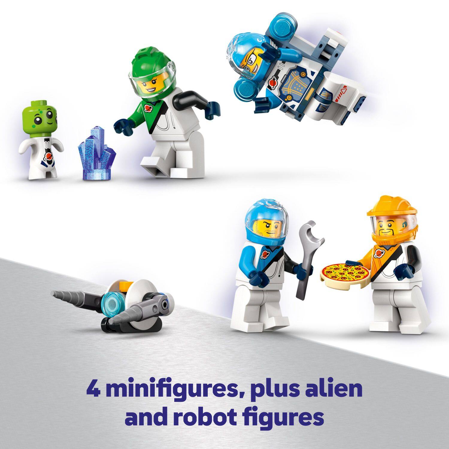 4 minifigures, plus alien and robot figures.
