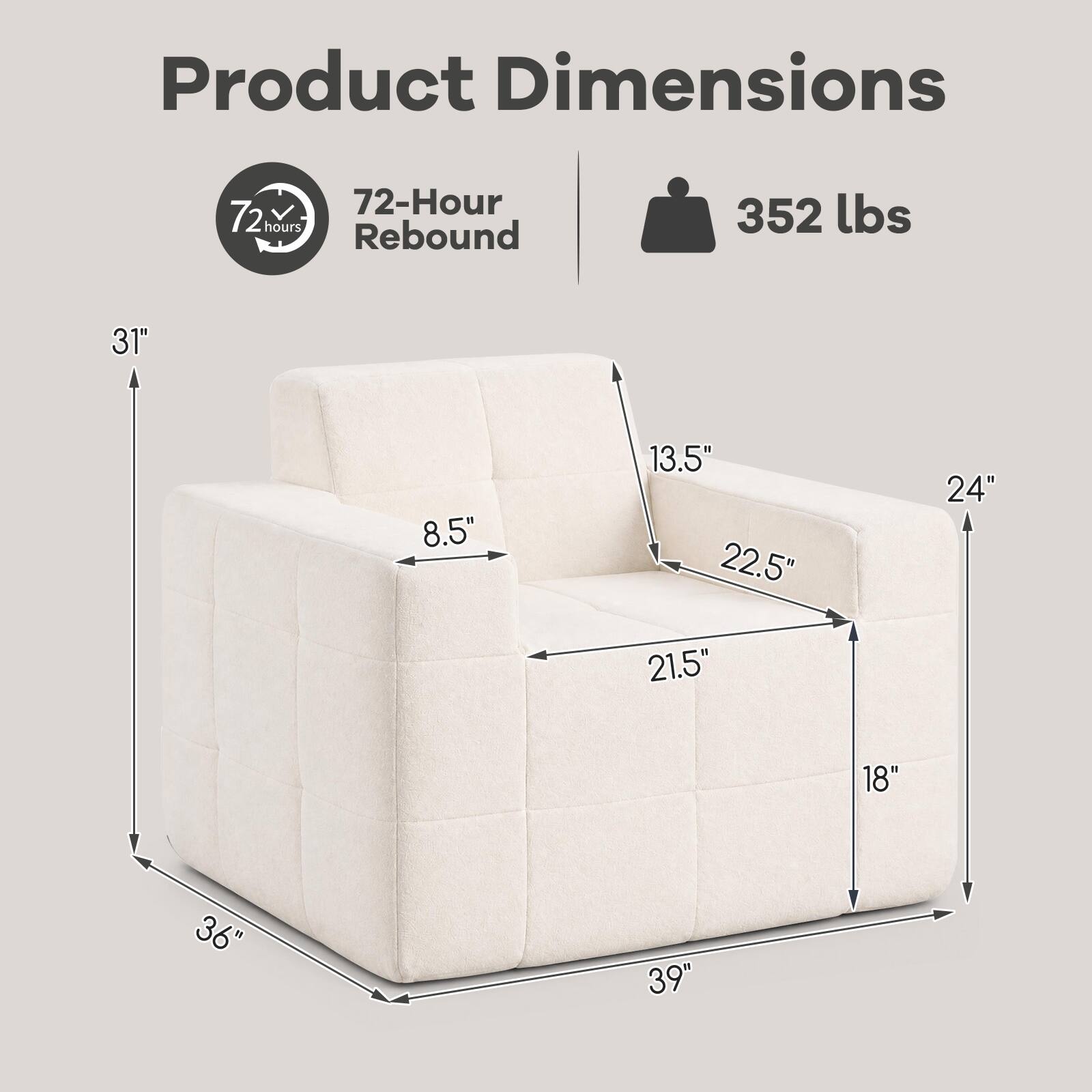 Product Dimensions  
72-Hour Rebound  
352 lbs  
31"  
8.5"  
13.5"  
22.5"  
24"  
21.5"  
18"  
36"  
39"