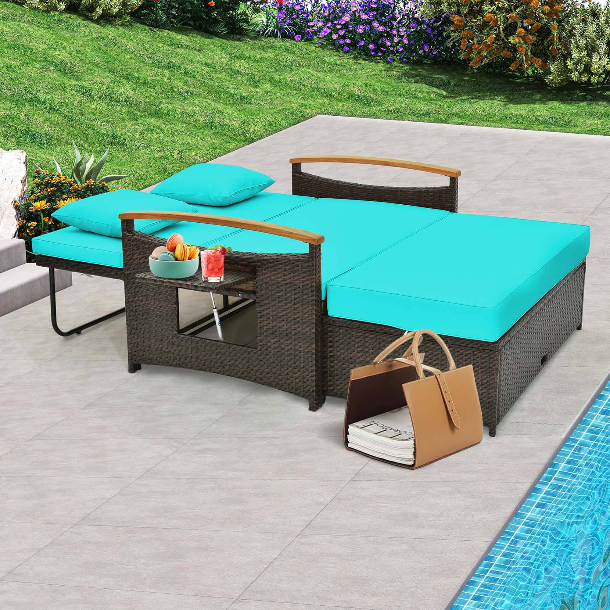Alt View 1. Costway - Patio Rattan Daybed Set with Cushioned Loveseat & Storage Ottoman for Porch - Turquoise + Mix Brown.