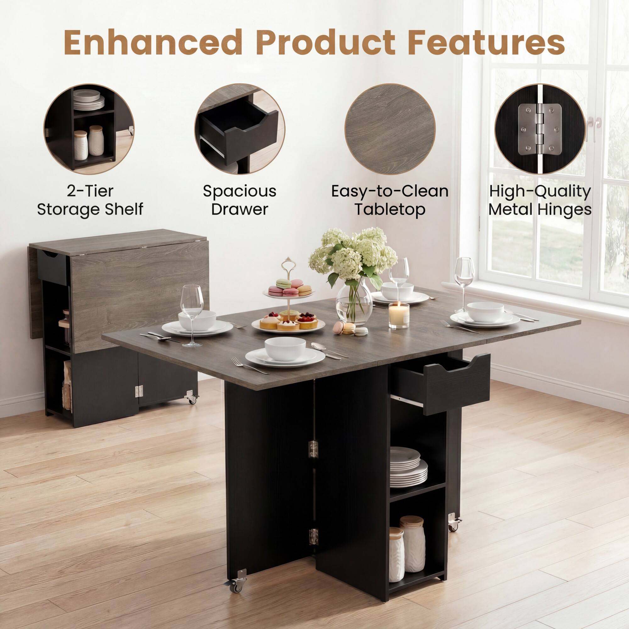 Enhanced Product Features

- 2-Tier Storage Shelf
- Spacious Drawer
- Easy-to-Clean Tabletop
- High-Quality Metal Hinges
