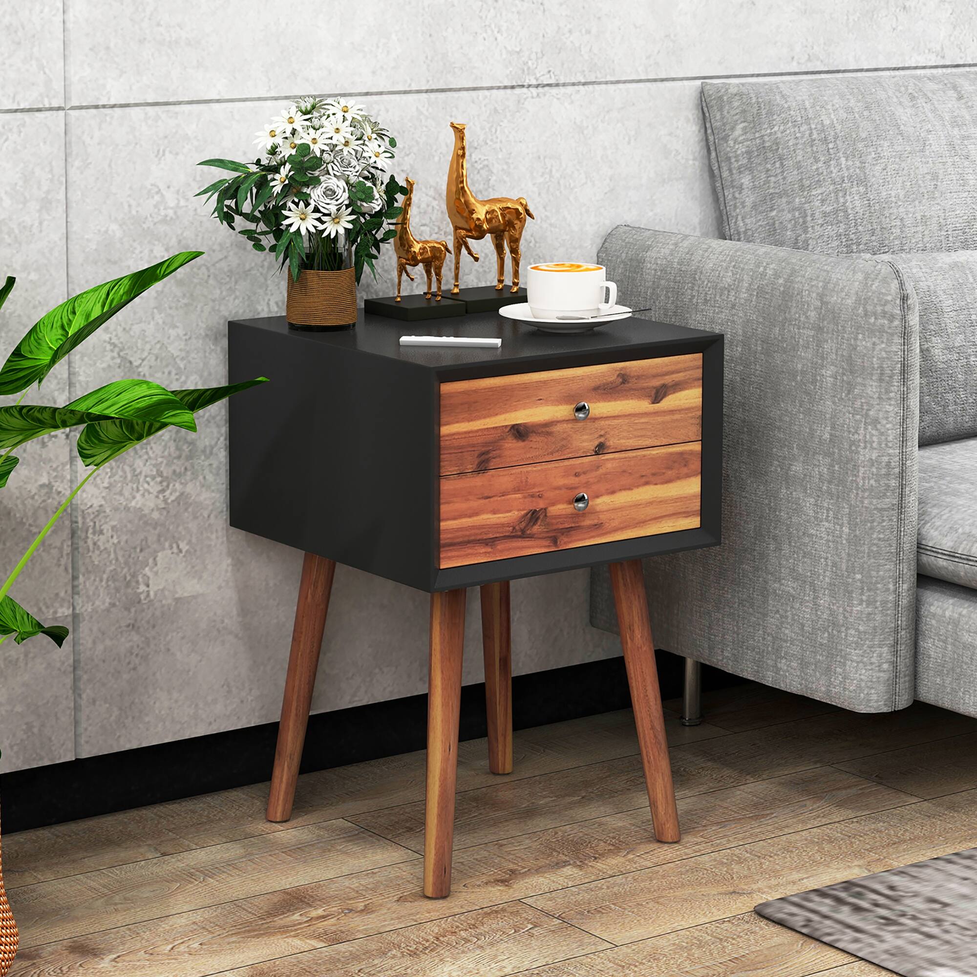 Alt View 3. Gymax - Gymax 2PCS Wooden Nightstand Mid-Century End Side Table Living Room W/2 Storage Drawer - Black & Brown.