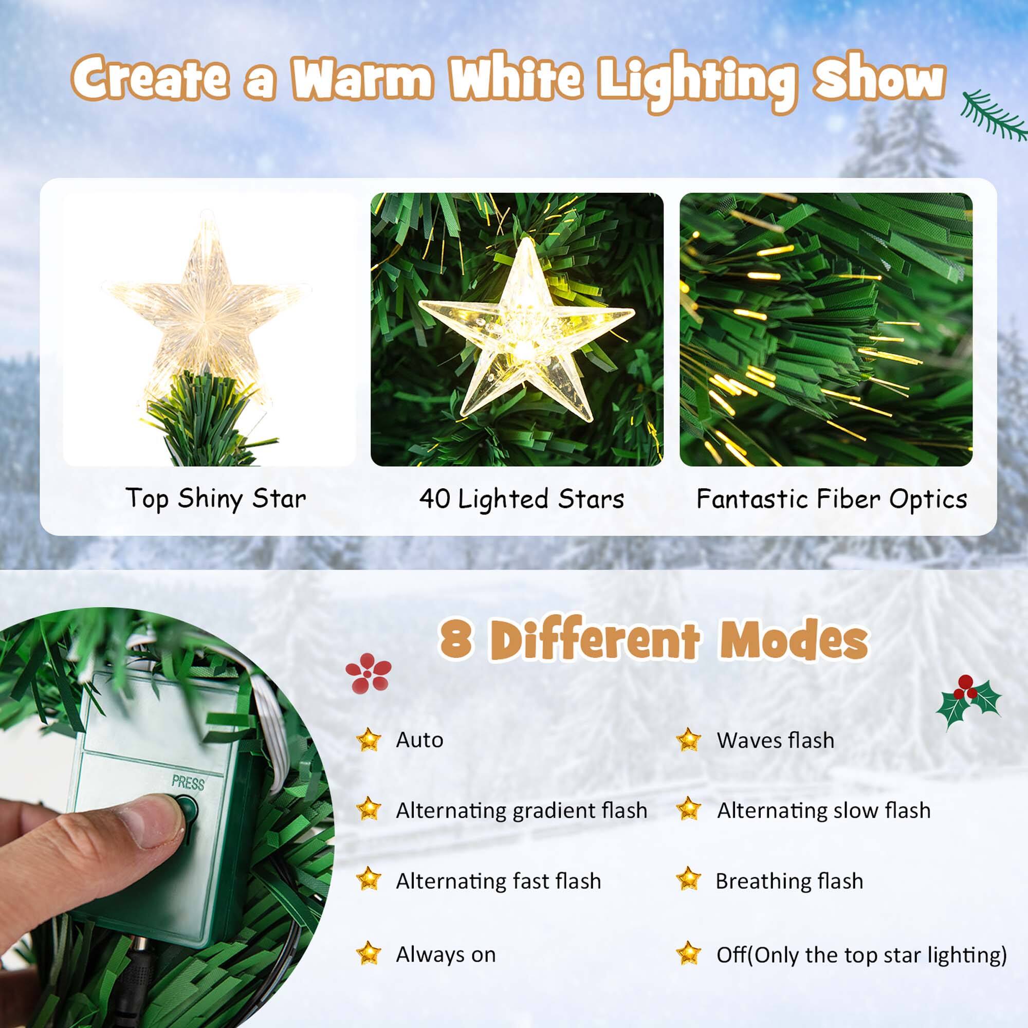 Create a Warm White Lighting Show with Top Shiny Star, 40 Lighted Stars, Fantastic Fiber Optics, and 8 Different Modes: Auto Waves Flash, Alternating Gradient Flash, Alternating Slow Flash, Alternating Fast Flash, Breathing Flash, and Always On.
