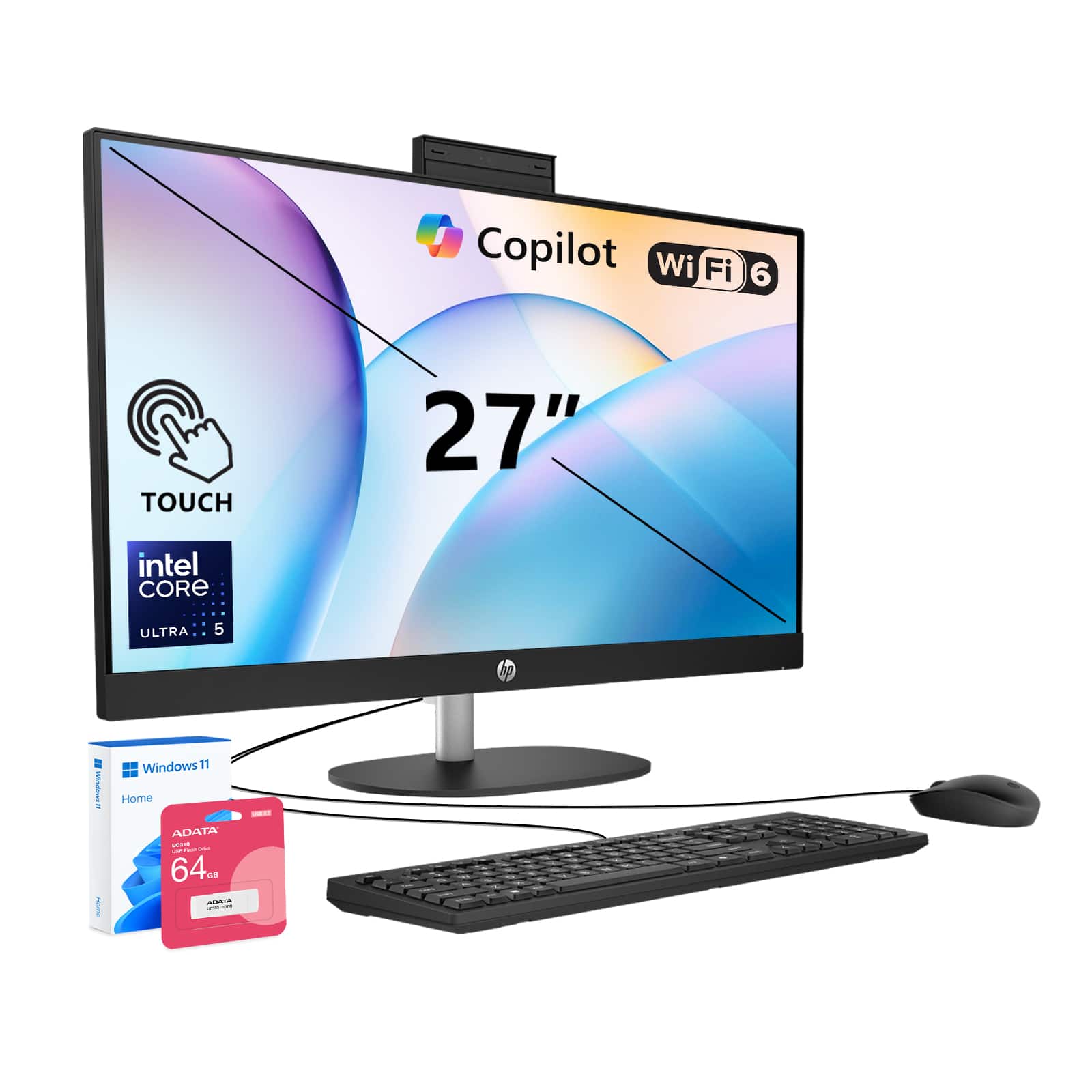 "HP - Upgraded - 27"" FHD Touch All-in-One - Intel Core Ultra 5 225U - 16GB RAM 1TB SSD - Wired Keyboard & Mouse - Adata 64GB USB Drive - Black" price history on PriceWatchPro