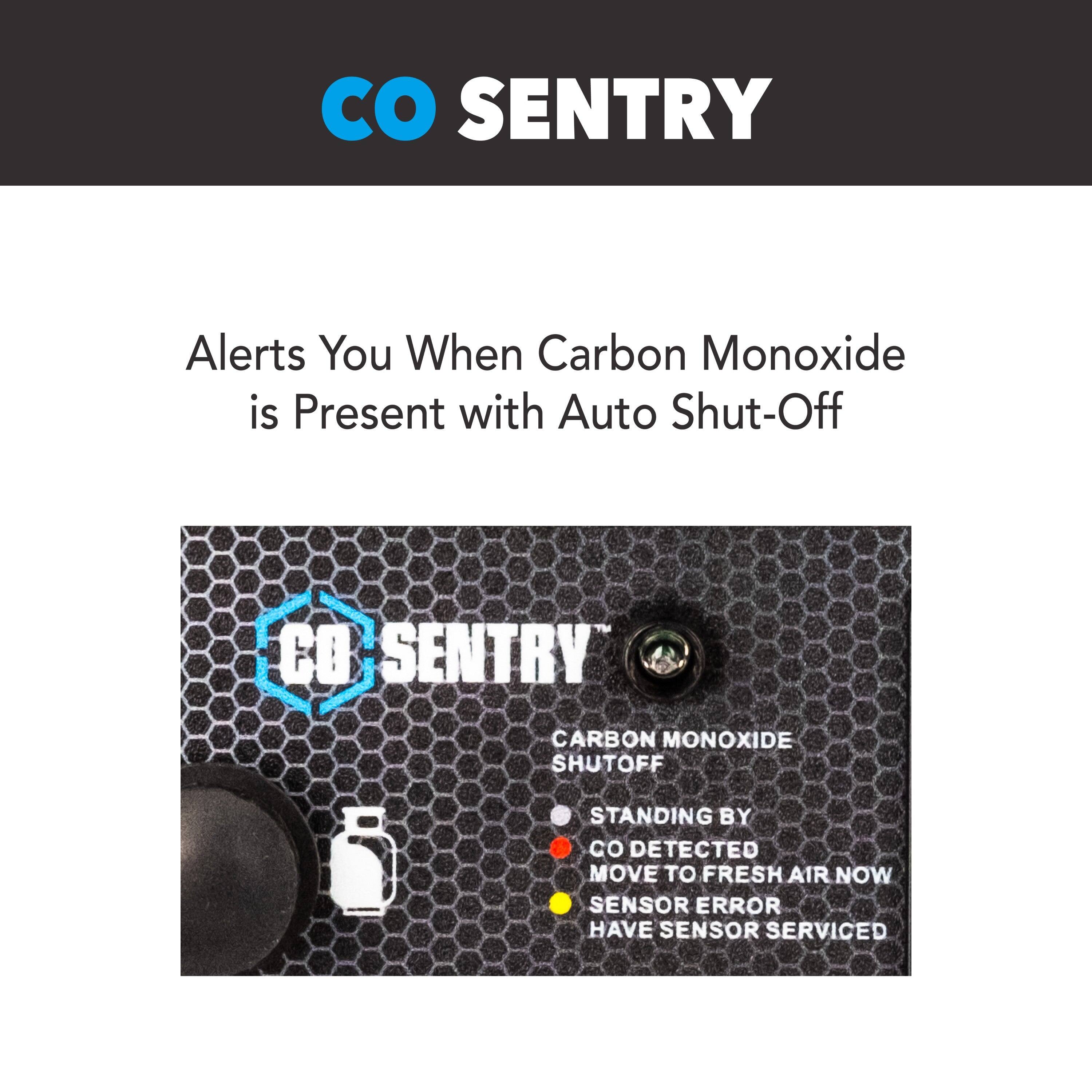 CO SENTRY Alerts You When Carbon Monoxide is Present with Auto Shut-Off

CO SENTRY CARBON MONOXIDE SHUTOFF

- STANDING BY
- CO DETECTED MOVE TO FRESH AIR NOW
- SENSOR ERROR HAVE SENSOR SERVICED