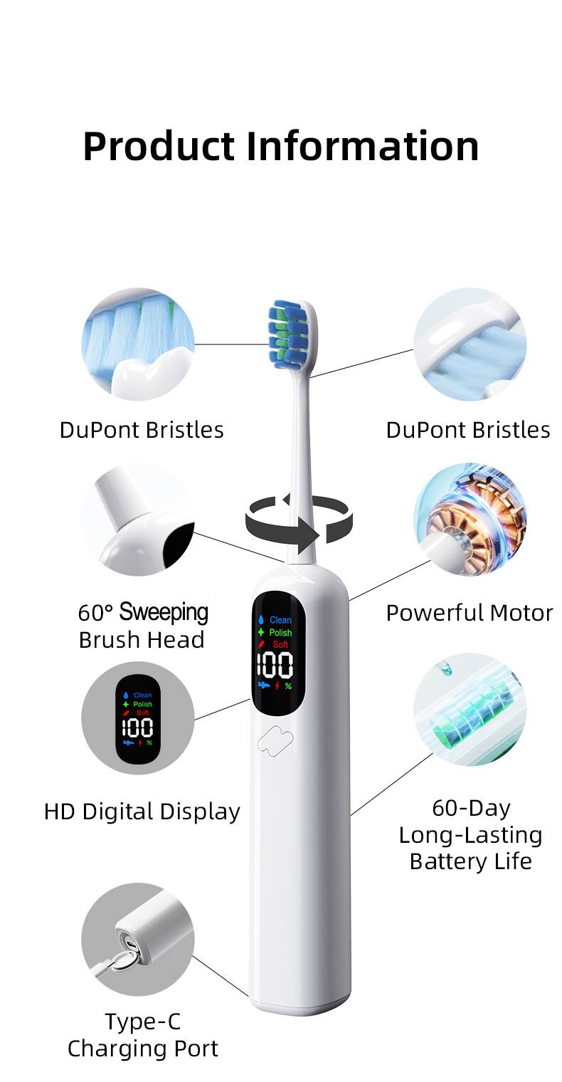 Product Information

- DuPont Bristles
- DuPont Bristles
- 60° Sweeping Brush Head
- Clean Polish
- Soft 100%
- Powerful Motor
- HD Digital Display
- 60-Day Long-Lasting Battery Life
- Type-C Charging Port