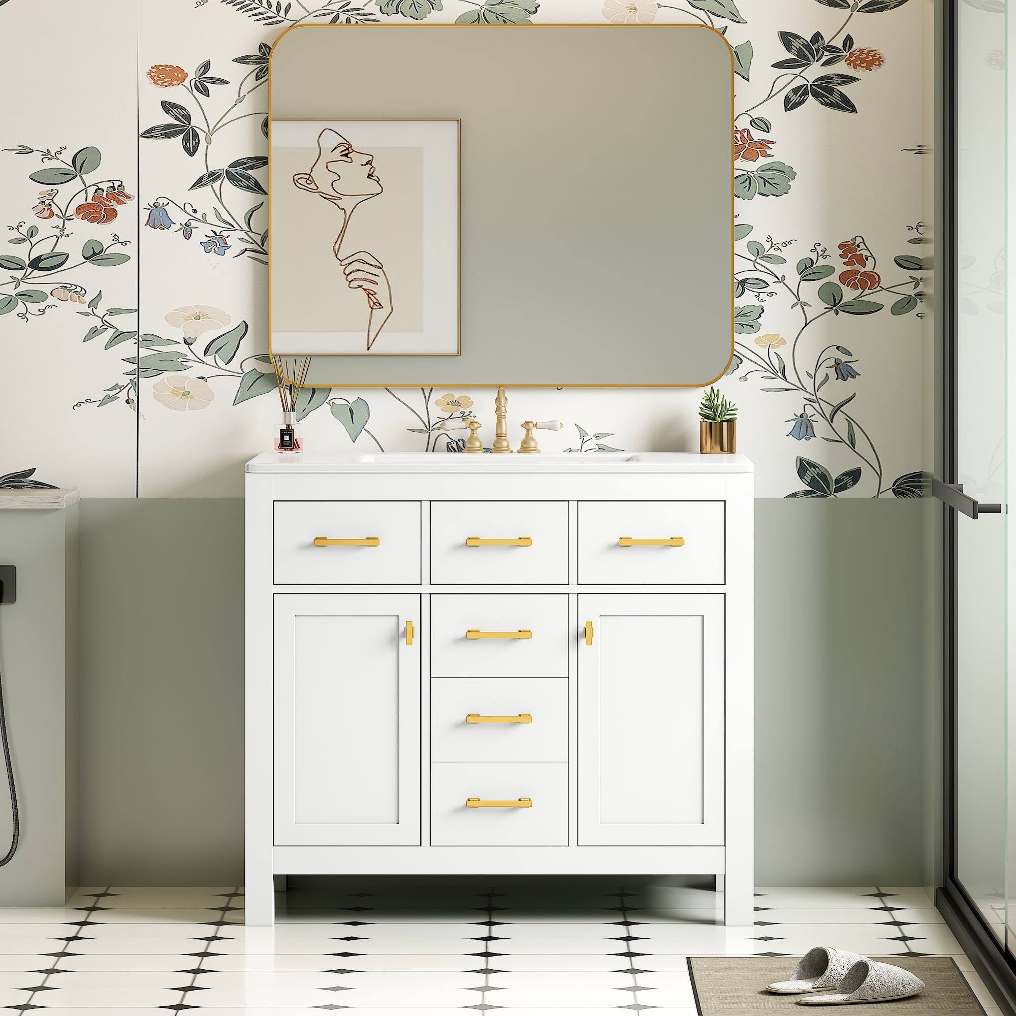 Alt View 4. Boyel Living - 36 Inch Modern Bathroom Vanity with Ceramic Sink Four Drawers Two Cabinets White - White.