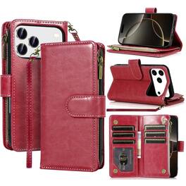 Equipd - Phone Case for iPhone 17 Pro 6.3", Luxury Wallet Card ID Zipper Money Holder Cover - Red