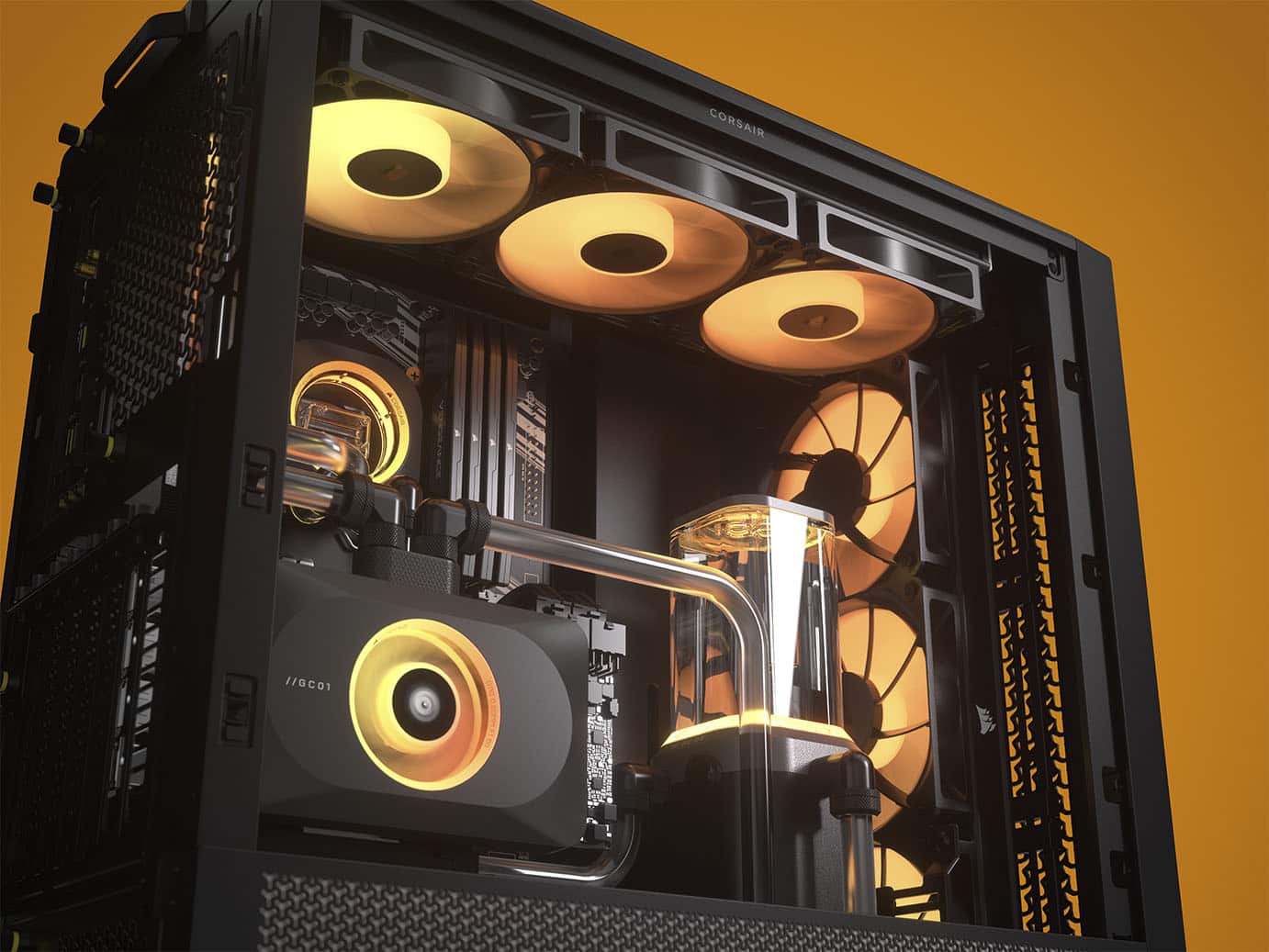 The text on the image reads "1/OC01 S Corsair 55555 -". This text is likely related to the computer components, such as the CPU cooler, inside the computer case.