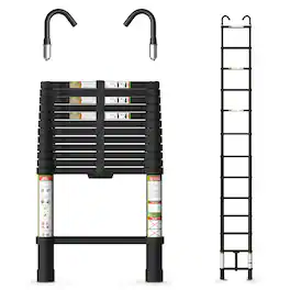 Brick Attic - 12.5FT Aluminum Telescoping Ladder with Non-Slip Feet and Stable Hook, Extension Ladder for Working, 330lb Capacity - Black