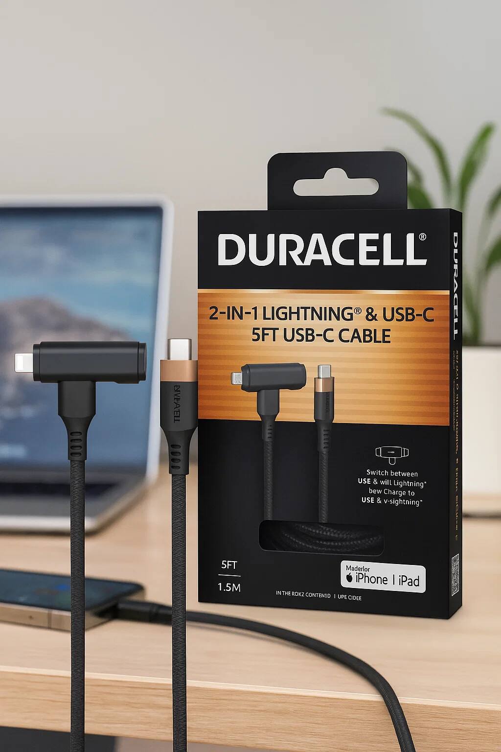 DURACELL  
2-IN-1 LIGHTNING® & USB-C  
5FT USB-C CABLE  

Switch between  
USB & Lightning*  
USB & v-sightning*  

5FT  
1.5M  

Made for  
iPhone | iPad  

IN THE ROKZ CONTENDI | UPE CIDE