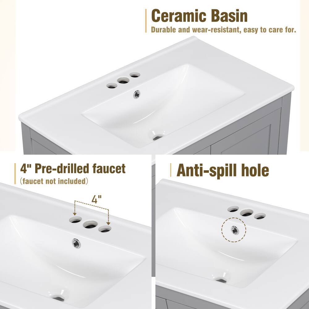 Ceramic Basin  
Durable and wear-resistant, easy to care for.  

4" Pre-drilled faucet (faucet not included)  

Anti-spill hole