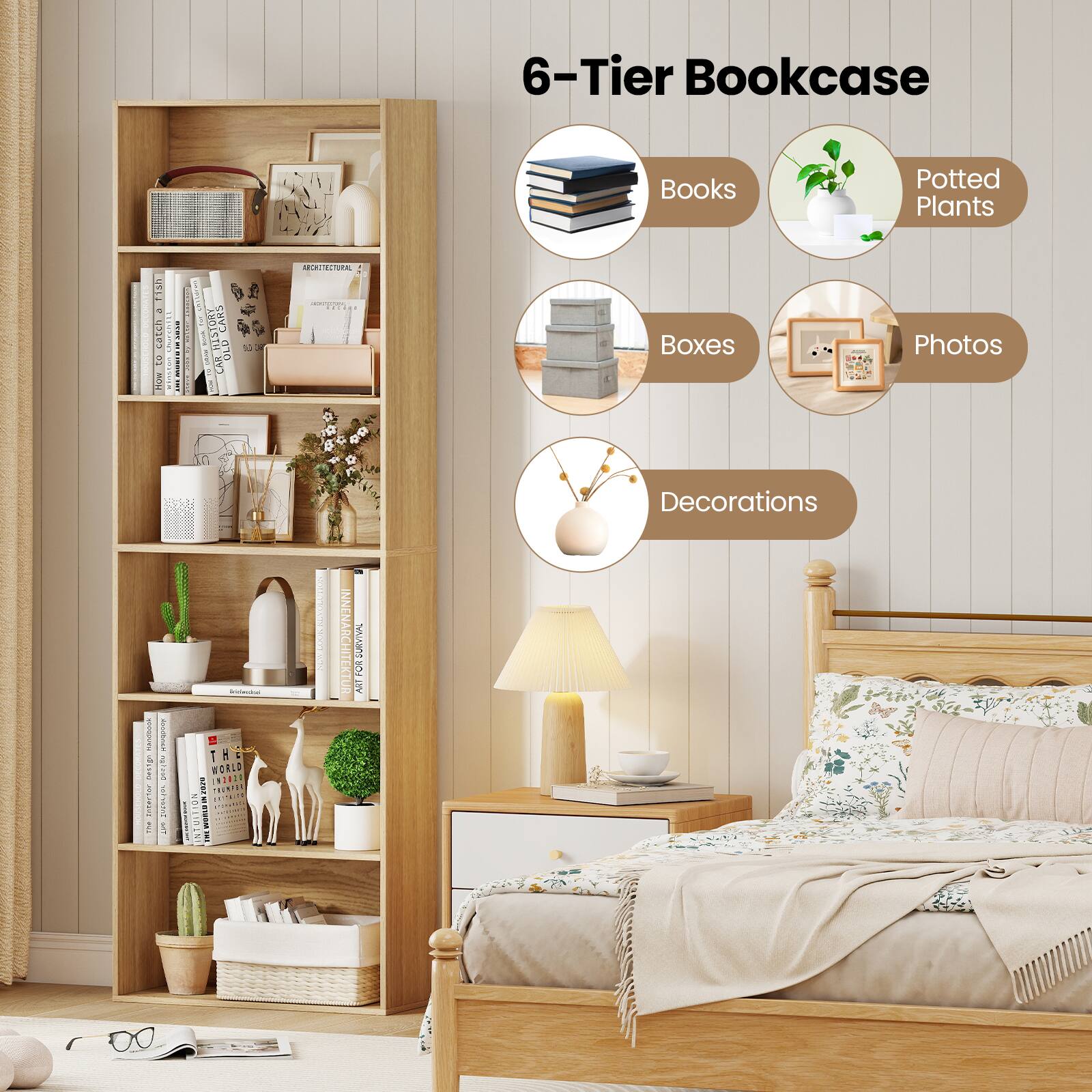 6-Tier Bookcase

- Books
- Potted Plants
- Boxes
- Photos
- Decorations