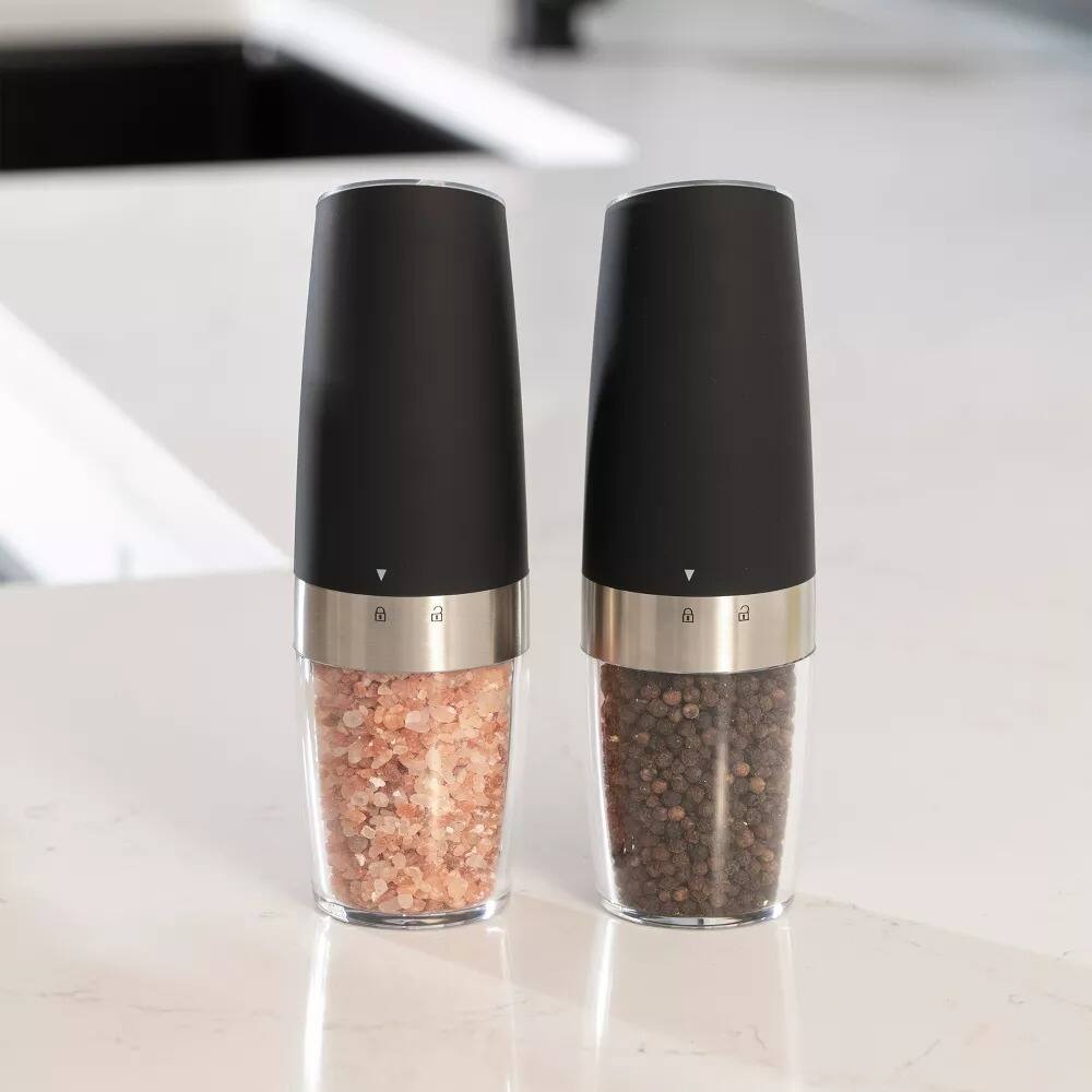 Left. Luminuxe - Gravity Electric Pepper & Salt Grinder Set – One-Hand Auto, Adjustable Coarseness, LED Battery Powered Ceramic Mechanism - Black.