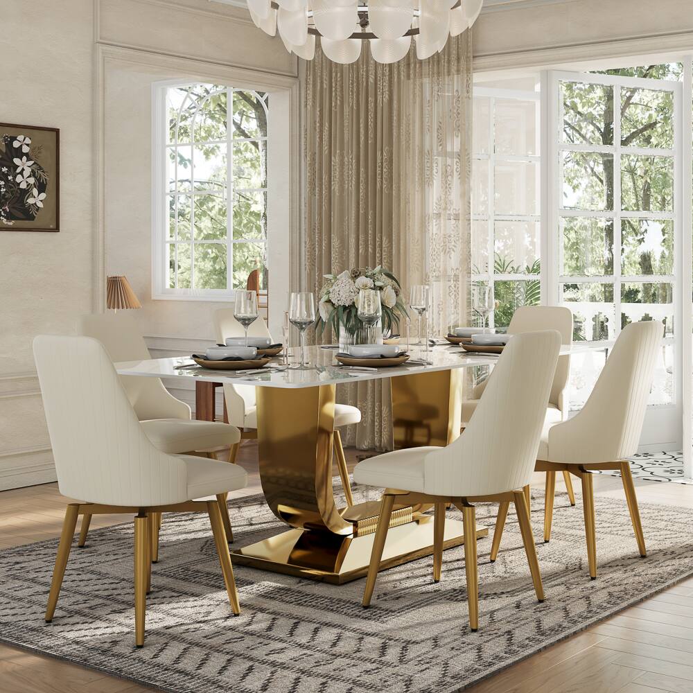 Left. POVISON - Modern Luxury Swivel Upholstered Dining Chairs Set of 2, Faux Leather Side Chairs, Beige & Gold - Beige.