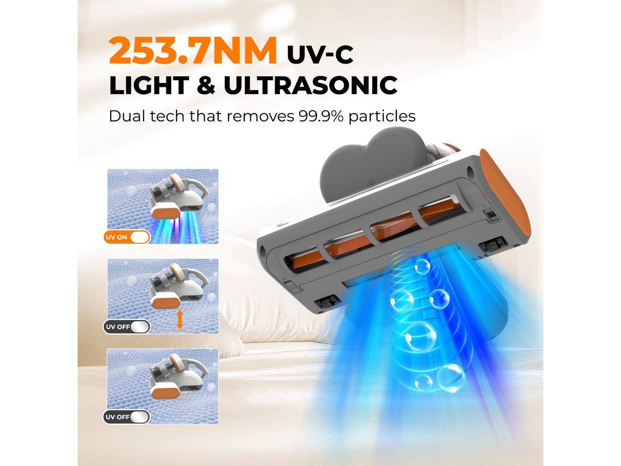 253.7NM UV-C LIGHT & ULTRASONIC

Dual tech that removes 99.9% particles

UV ON  
UV OFF  
UV OFF
