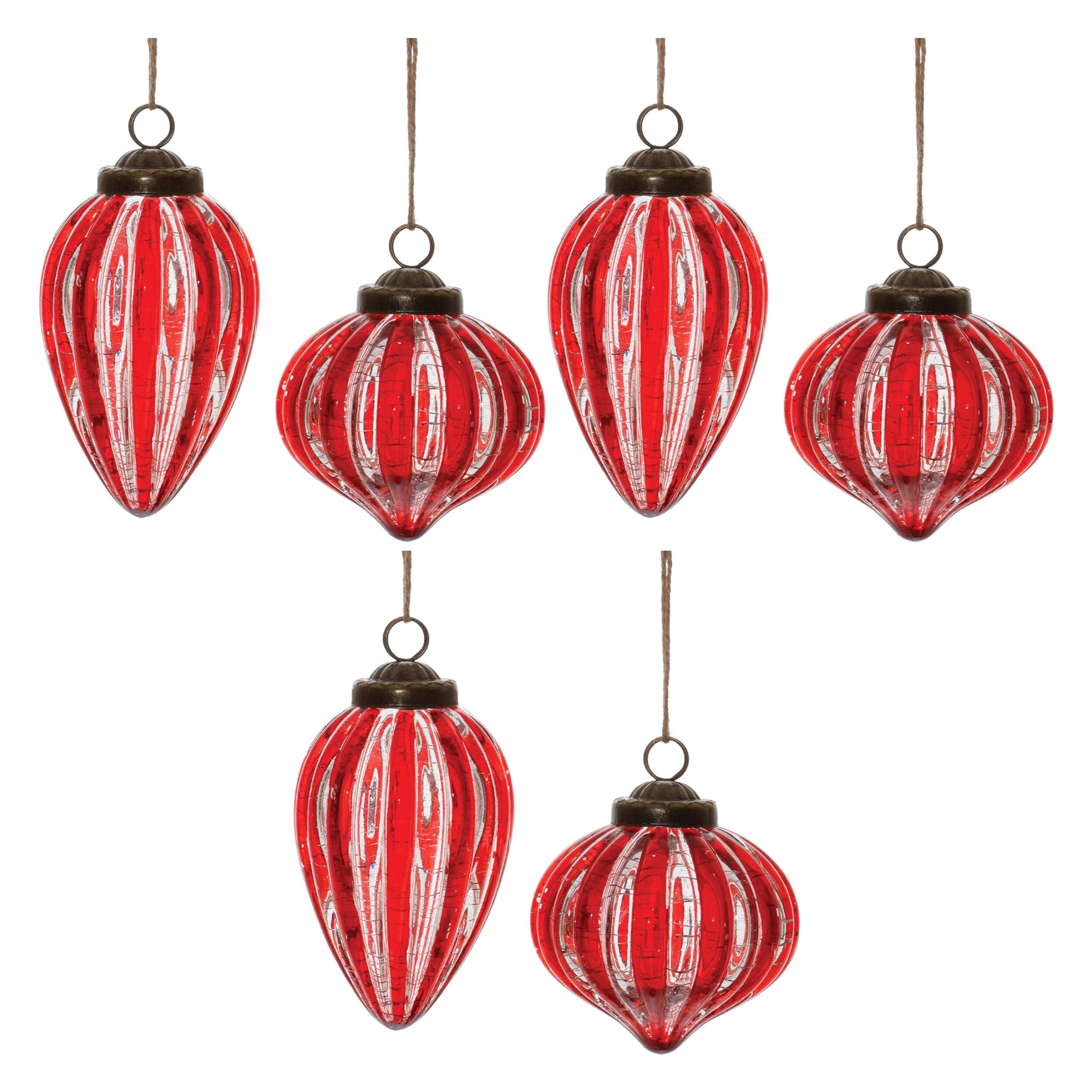 Left. BreeBe - Red Ribbed Crackle Glass Ornament (Set of 6) - Red.