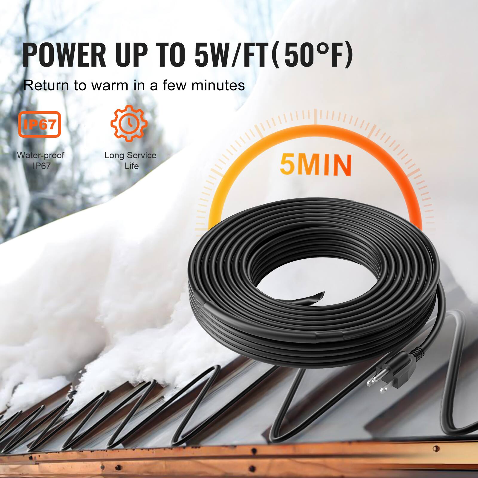 POWER UP TO 5W/FT (50°F)  
Return to warm in a few minutes  
IP67 Water-proof IP67  
Long Service Life  
5MIN