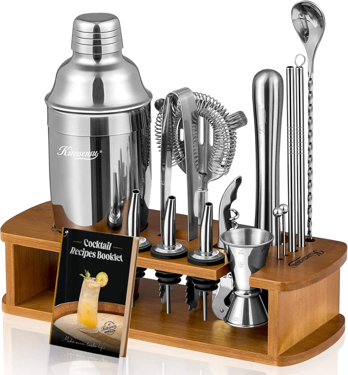 KITESSENSU - Cocktail Shaker Set Bartender Kit with Stand | Bar Set Drink Mixer Set with All Essential Accessory Tools: Martini Shake - SLIVER
