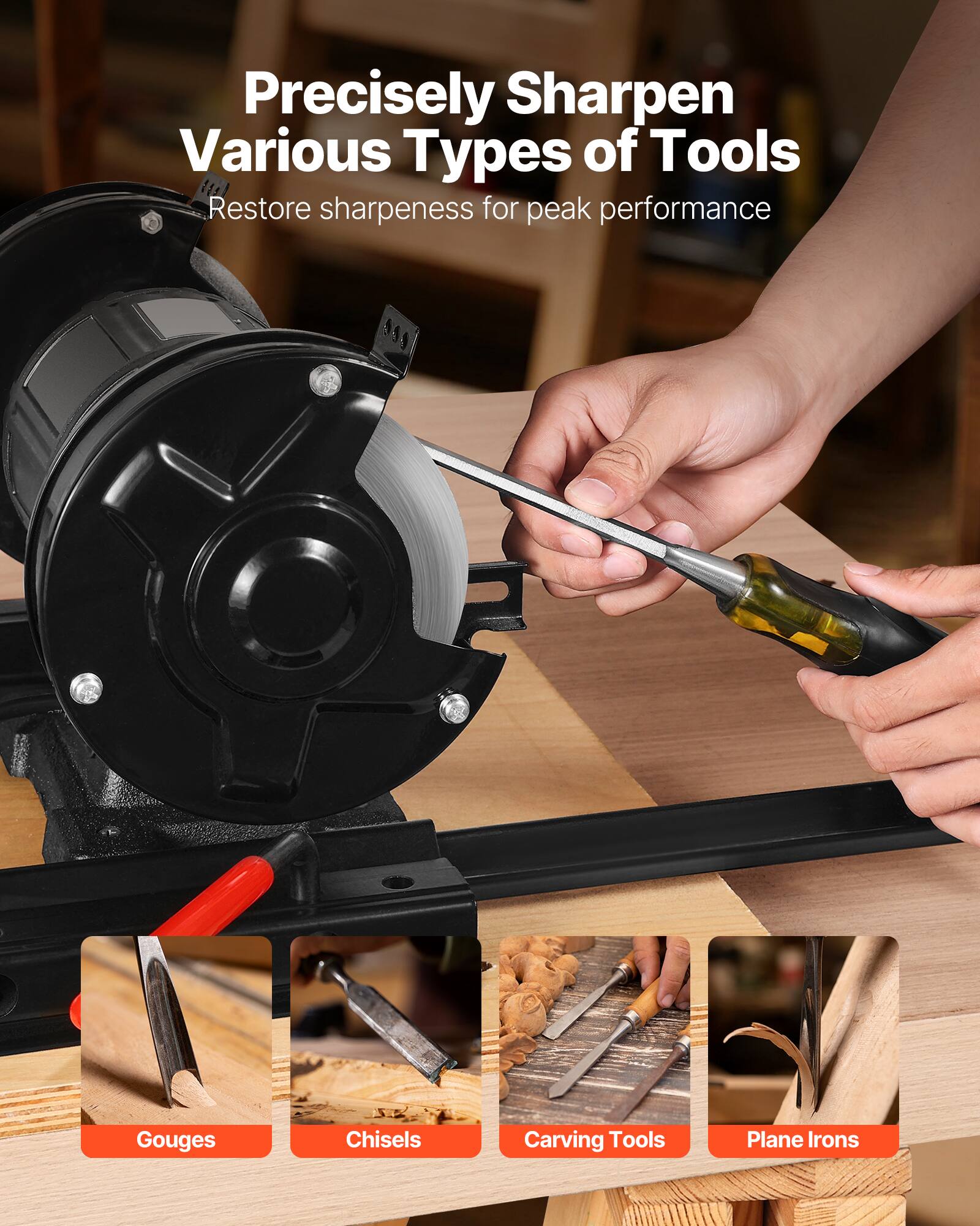 Precisely Sharpen Various Types of Tools  
Restore sharpness for peak performance  

Gouges  
Chisels  
Carving Tools  
Plane Irons