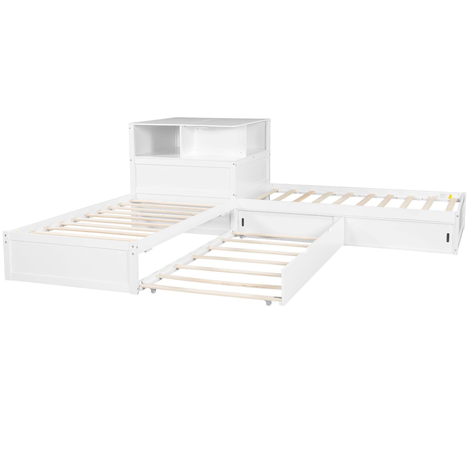 Alt View 1. Whisen - L-Shaped Twin Platform Bed with Trundle, Built-in Desk, Storage Cabinets & LED Lights, Wood Frame - White.