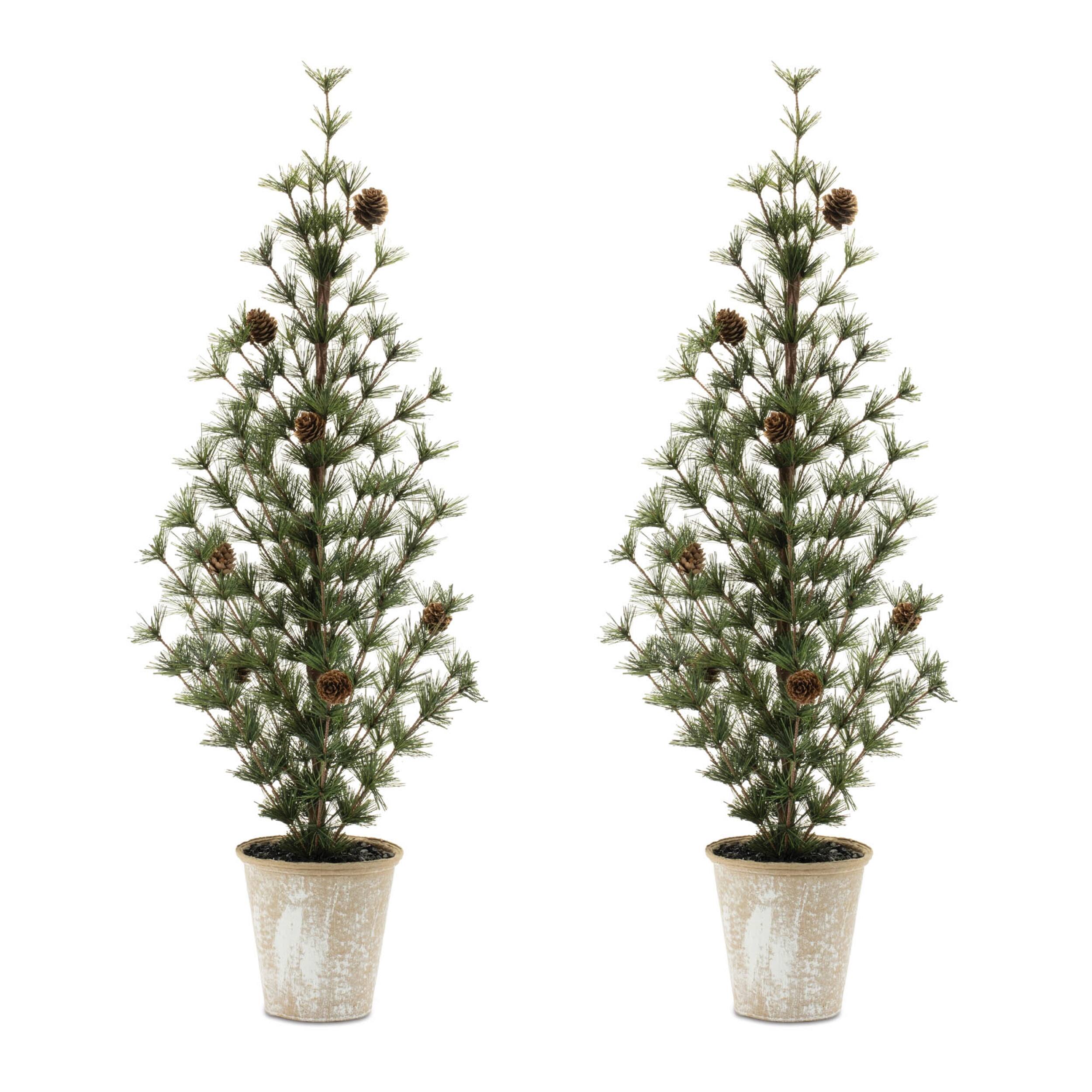 Angle. BreeBe - Potted Mini Pine Tree (Set of 2) - Green, Brown.