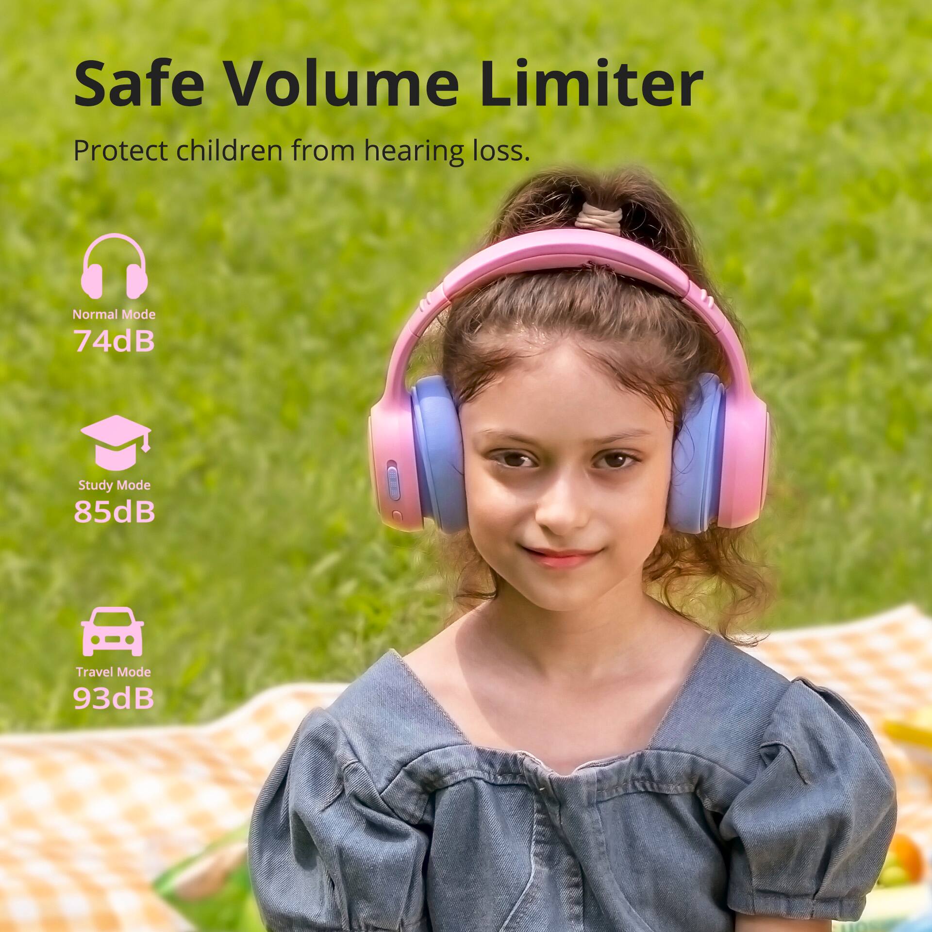 Safe Volume Limiter: Protect children from hearing loss. Normal Mode: 74dB Study Mode: 85dB Travel Mode: 93dB